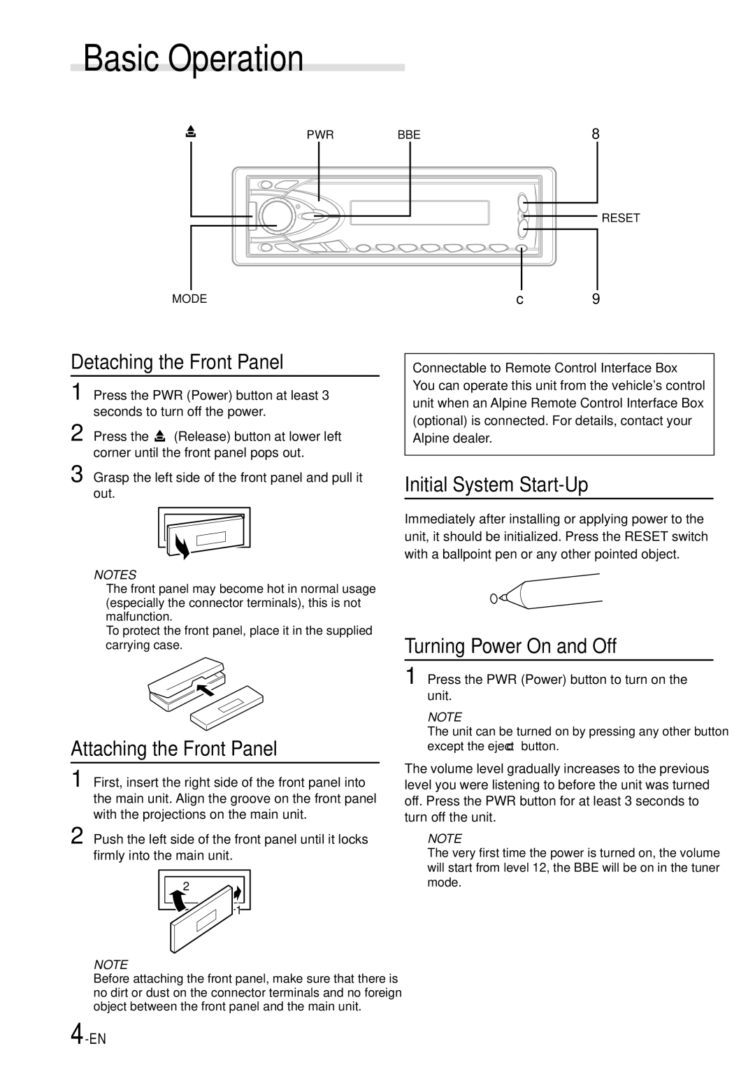 Alpine CDA-7865R owner manual Basic Operation, Detaching the Front Panel, Initial System Start-Up, Turning Power On and Off 