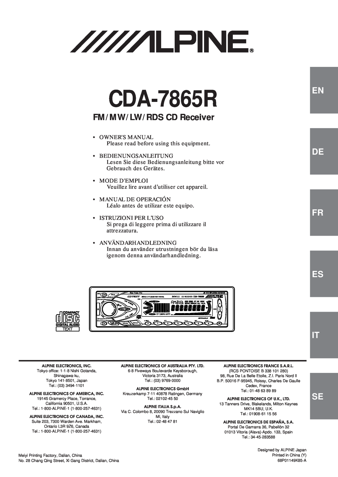 Alpine CDA-7865R owner manual FM/MW/LW/RDS CD Receiver, En De Fr Es It 