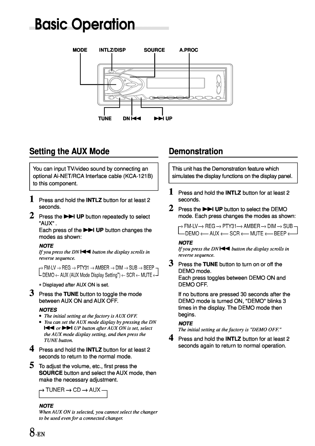 Alpine CDA-7865R owner manual Setting the AUX Mode, Demonstration, Basic Operation 