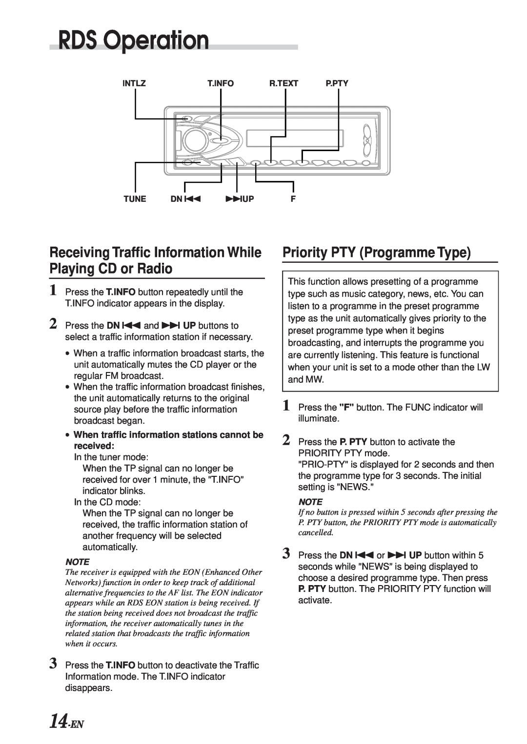Alpine CDA-7865R owner manual Priority PTY Programme Type, 14-EN, RDS Operation 