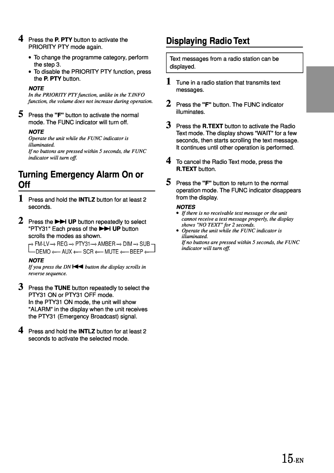 Alpine CDA-7865R owner manual Turning Emergency Alarm On or Off, Displaying Radio Text, 15-EN 