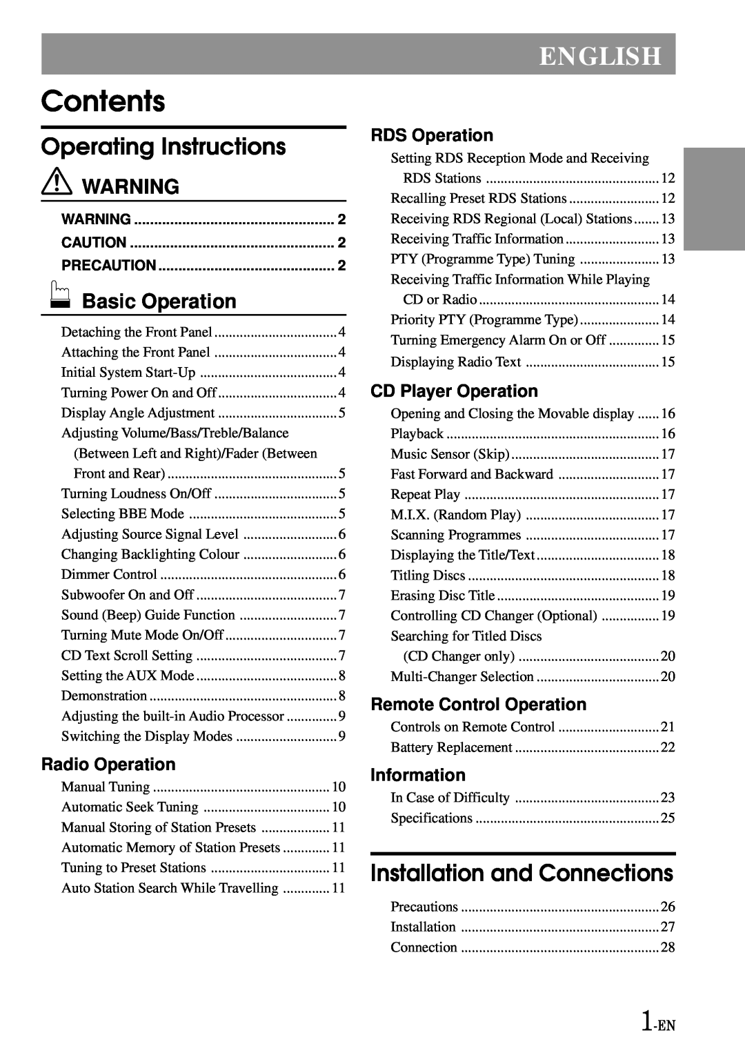 Alpine CDA-7865R Basic Operation, Contents, English, Operating Instructions, Installation and Connections, Radio Operation 