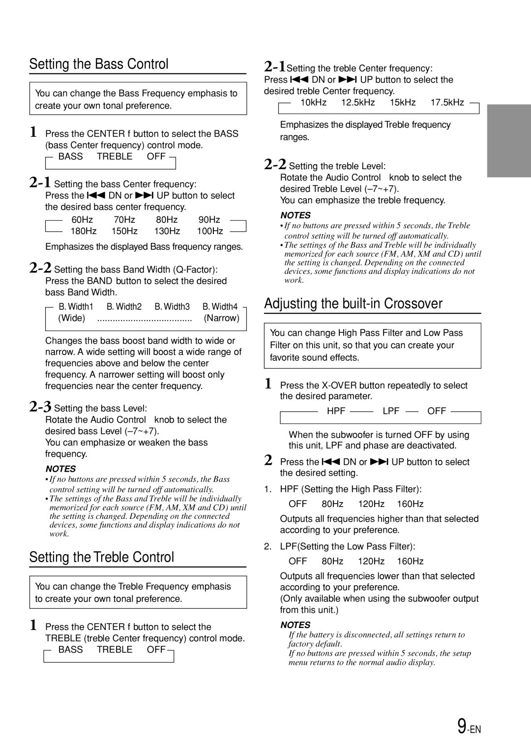 Alpine cda-7873, CDA-7875, CDA-7876 Setting the Bass Control, Setting the Treble Control, Adjusting the built-in Crossover 