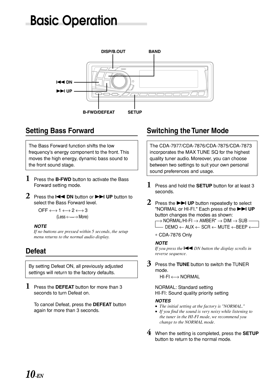 Alpine CDA-7875 Setting Bass Forward Switching the Tuner Mode, Defeat, Press the Tune button to switch the Tuner mode 