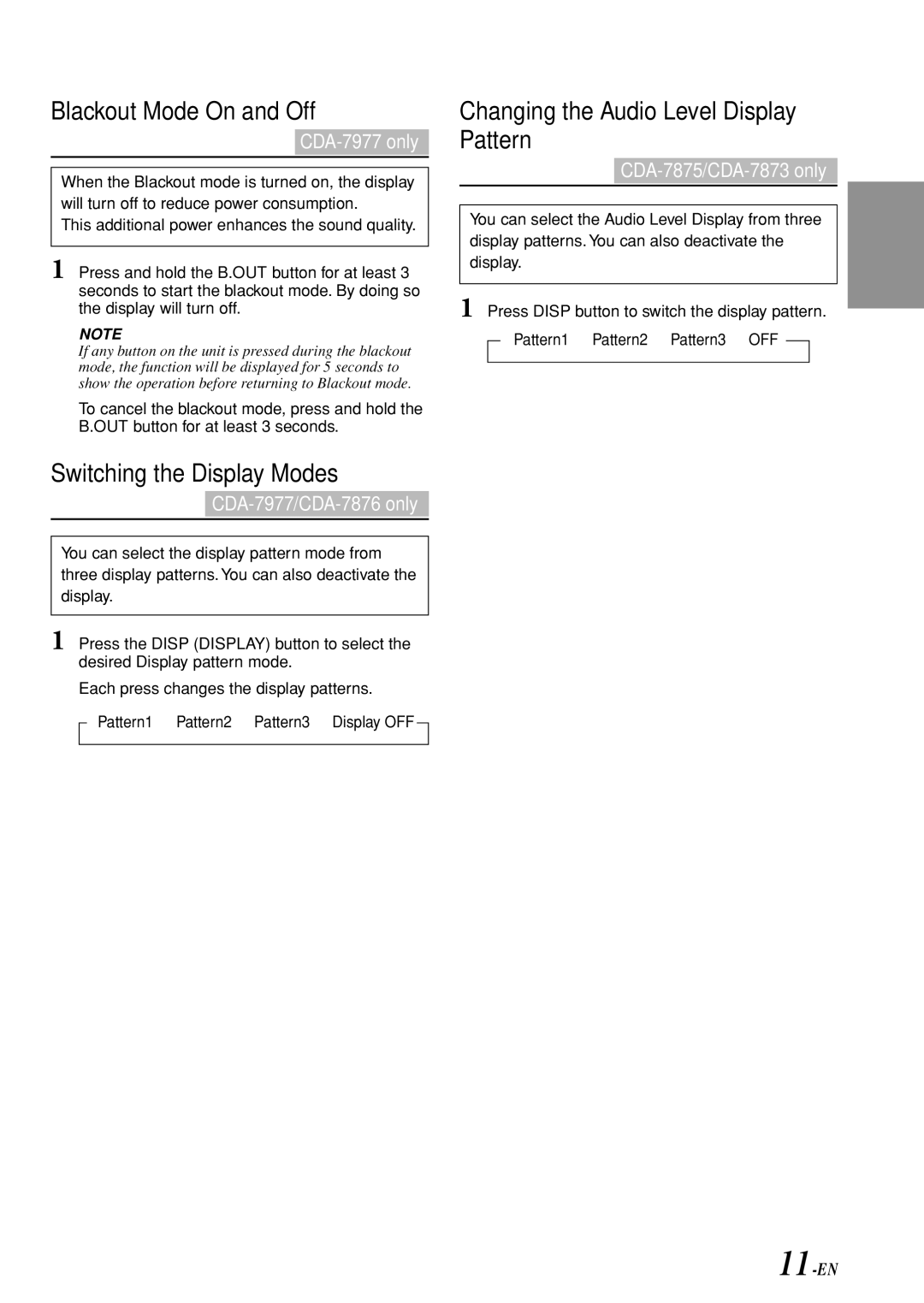Alpine CDA-7876, CDA-7875 Blackout Mode On and Off, Switching the Display Modes, Changing the Audio Level Display Pattern 