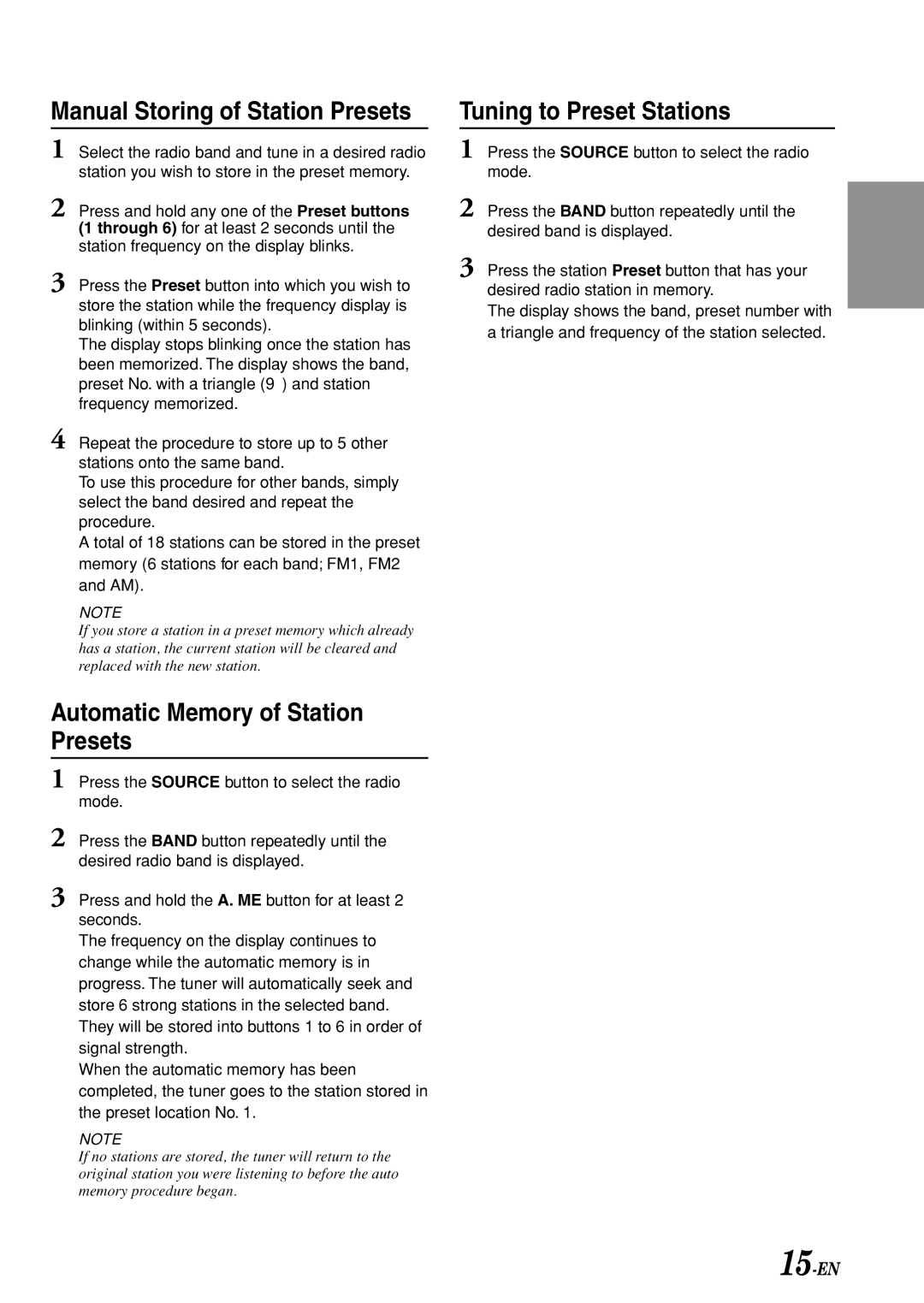 Alpine CDA-7876, CDA-7875, CDA-7977, cda-7873 owner manual Automatic Memory of Station Presets, Tuning to Preset Stations 