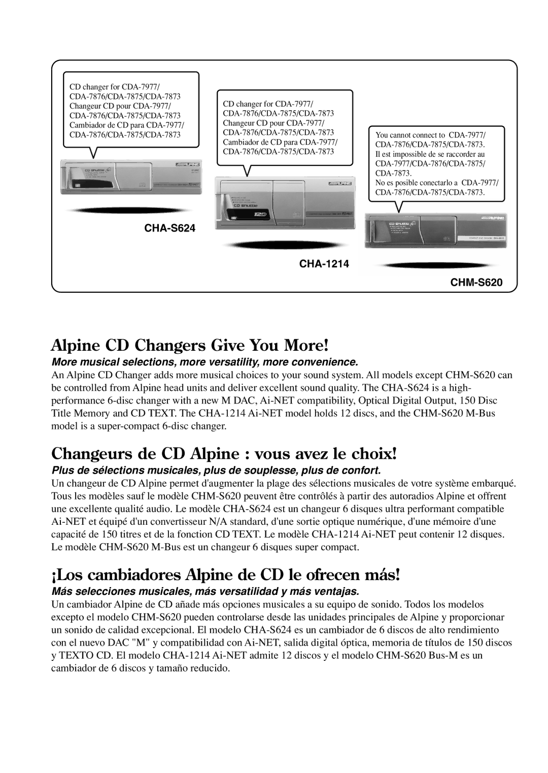 Alpine CDA-7977, CDA-7875, CDA-7876, cda-7873 owner manual Alpine CD Changers Give You More 