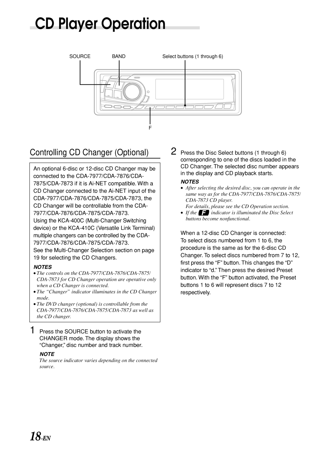 Alpine CDA-7875, CDA-7876, CDA-7977, cda-7873 Controlling CD Changer Optional, When a 12-disc CD Changer is connected 