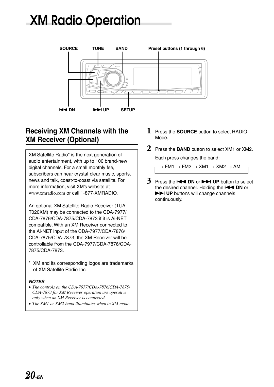 Alpine CDA-7977, CDA-7875, CDA-7876, cda-7873 XM Radio Operation, Receiving XM Channels with the XM Receiver Optional 