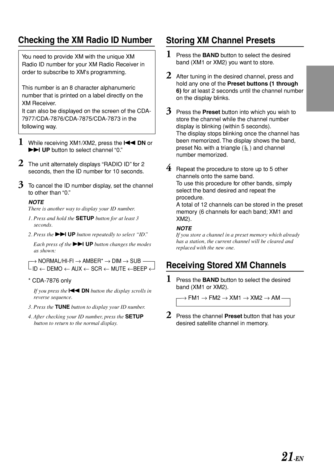 Alpine cda-7873, CDA-7875, CDA-7977 owner manual Storing XM Channel Presets, Receiving Stored XM Channels, CDA-7876 only 