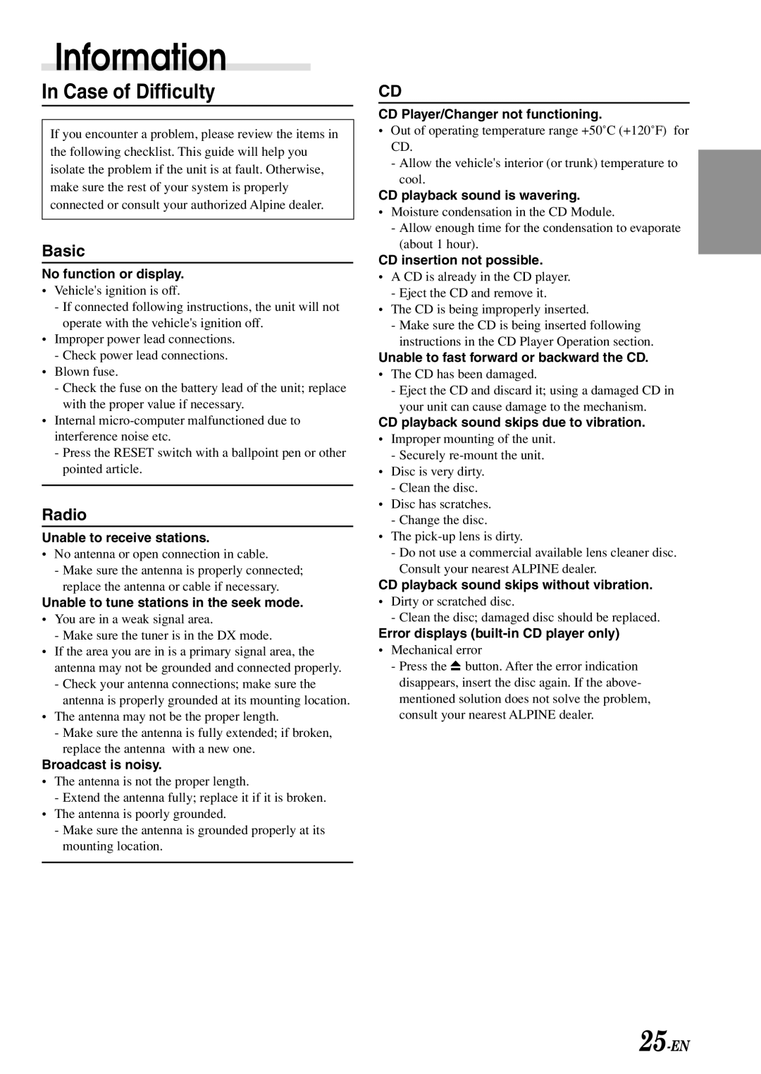 Alpine cda-7873, CDA-7875, CDA-7876, CDA-7977 owner manual Information, Case of Difficulty 