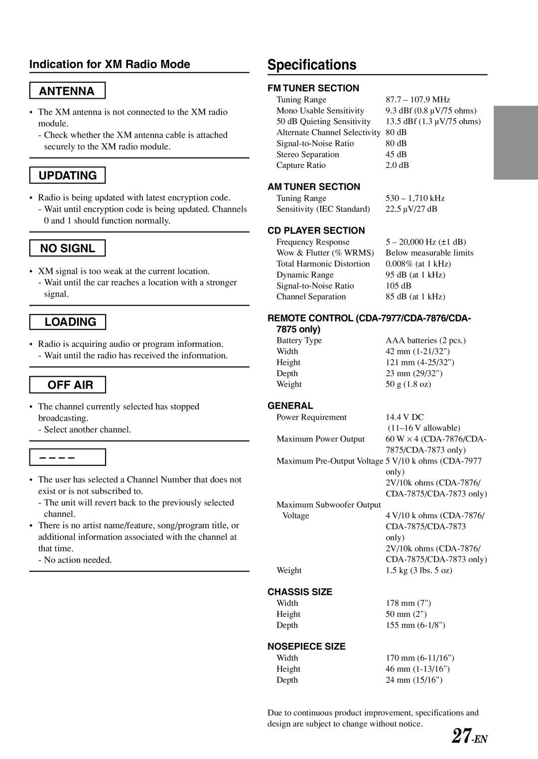 Alpine CDA-7876, CDA-7875, CDA-7977, cda-7873 owner manual Specifications, Only 