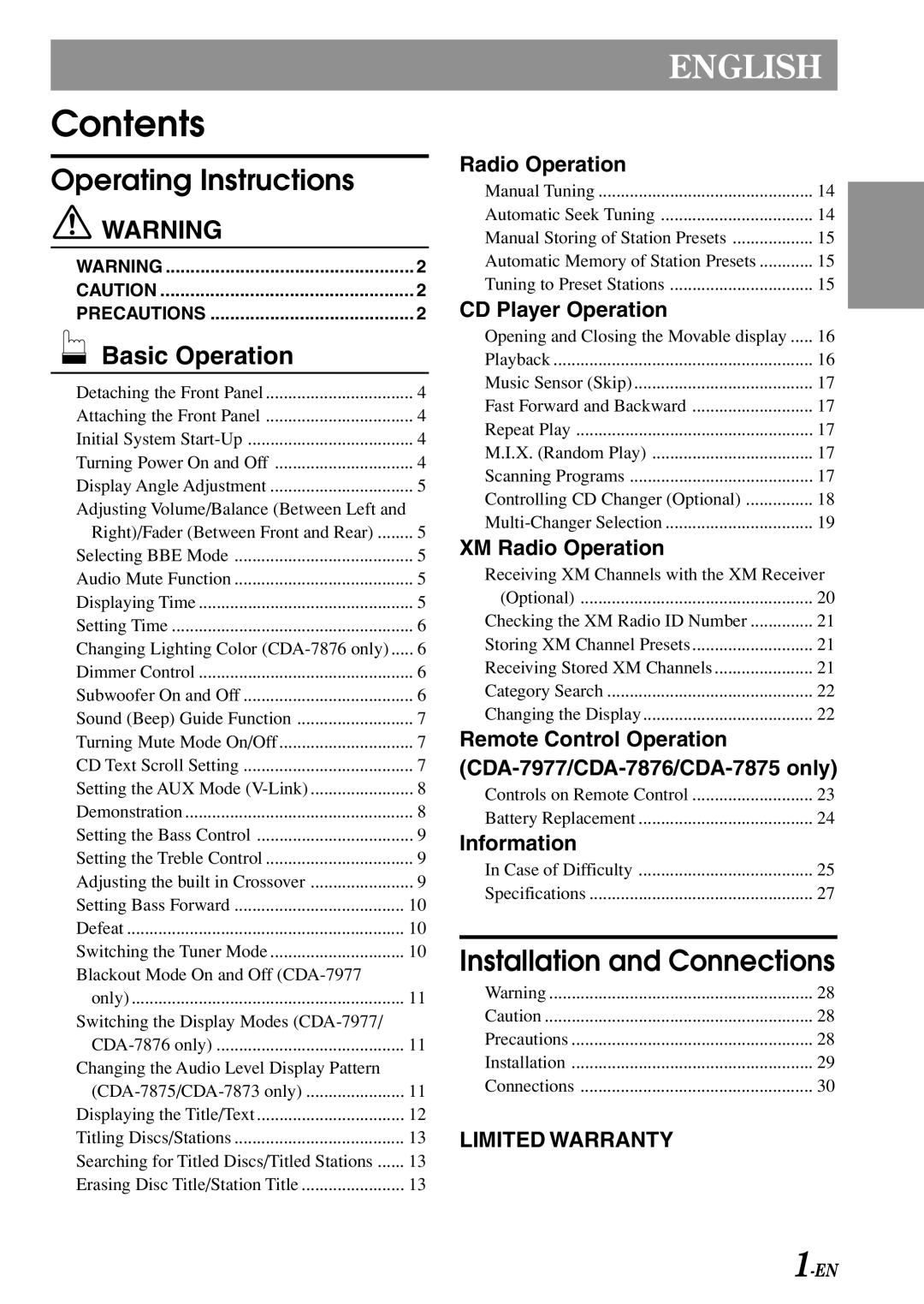 Alpine cda-7873, CDA-7875, CDA-7876, CDA-7977 owner manual Contents 