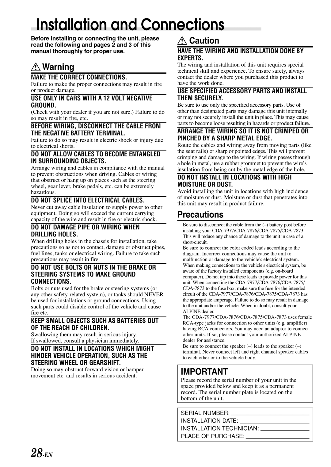 Alpine CDA-7977, CDA-7875, CDA-7876, cda-7873 owner manual Installation and Connections, Precautions 