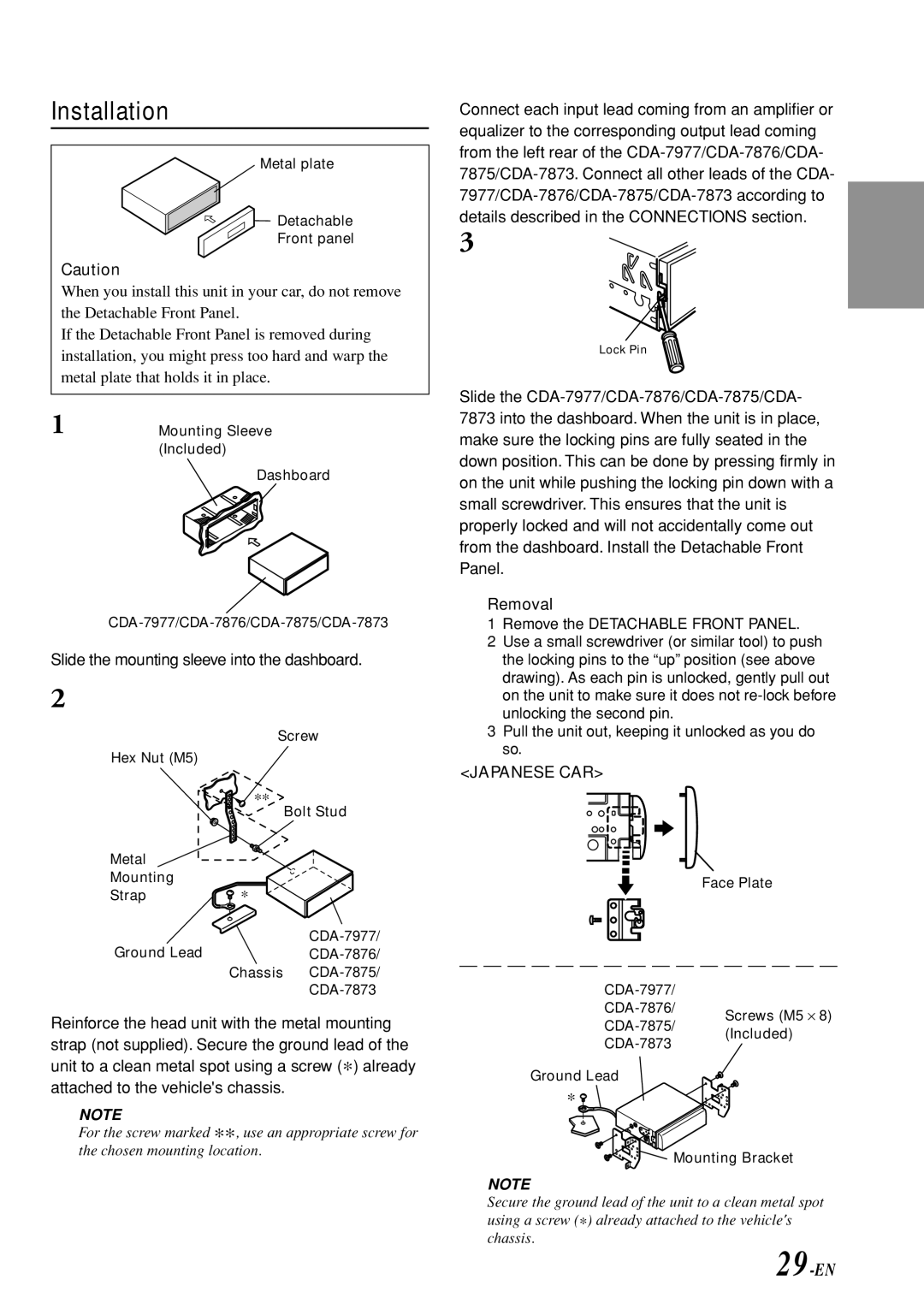 Alpine cda-7873, CDA-7875, CDA-7876, CDA-7977 owner manual Installation, Slide the mounting sleeve into the dashboard, Removal 