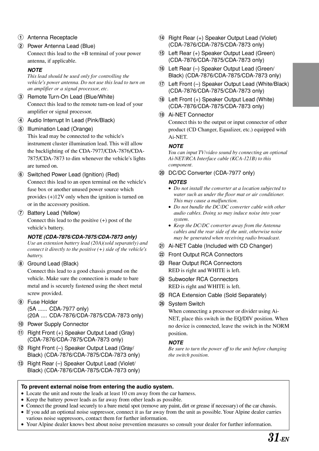 Alpine CDA-7876, CDA-7875, CDA-7977, cda-7873 owner manual To prevent external noise from entering the audio system 