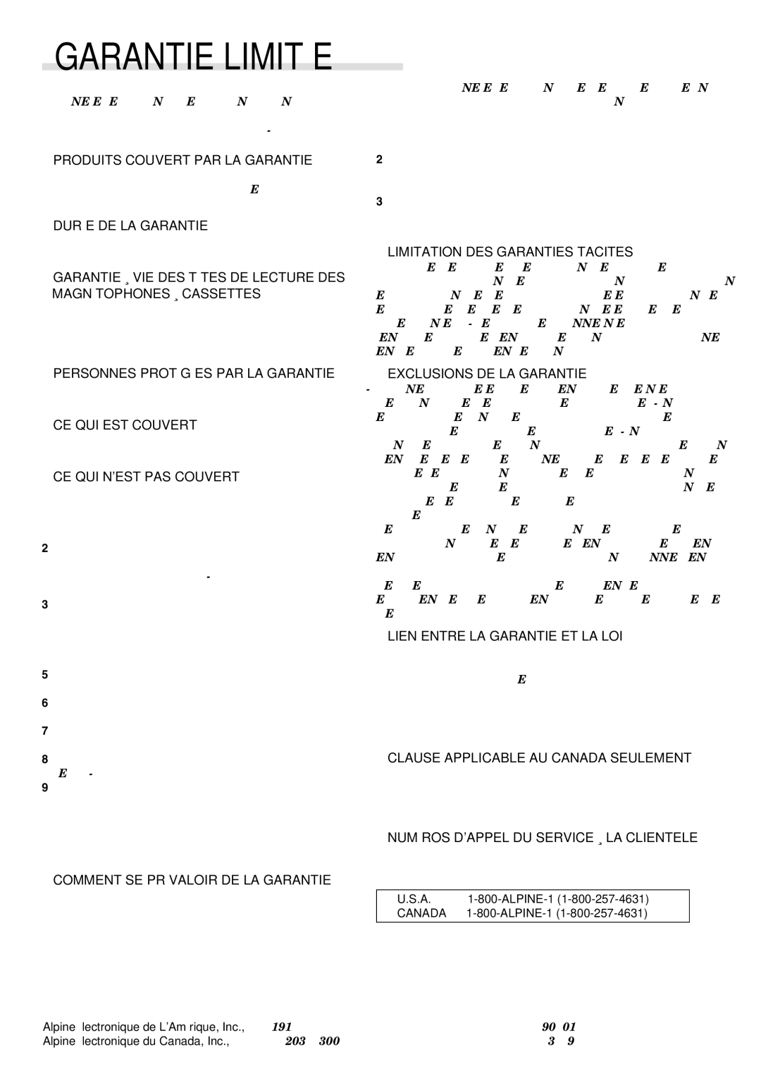 Alpine cda-7873, CDA-7875 Produits Couvert PAR LA Garantie, Durée DE LA Garantie, Limitation DES Garanties Tacites 