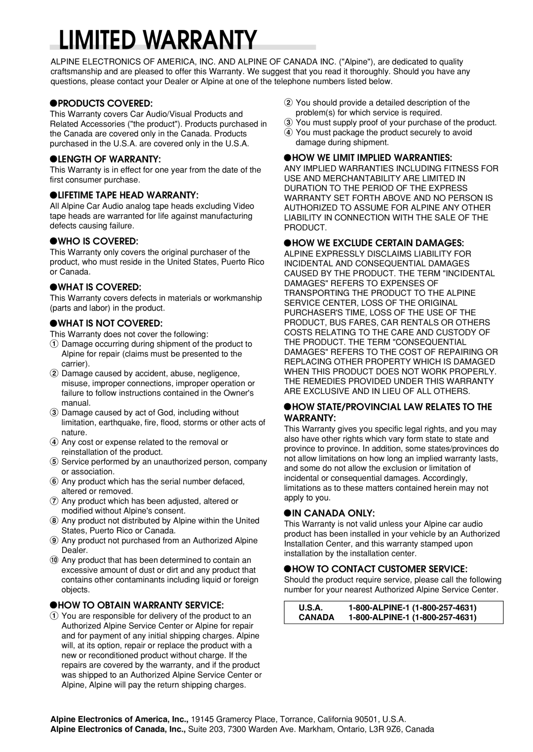 Alpine CDA-7875 Products Covered, Length of Warranty, Lifetime Tape Head Warranty, HOW WE Limit Implied Warranties 