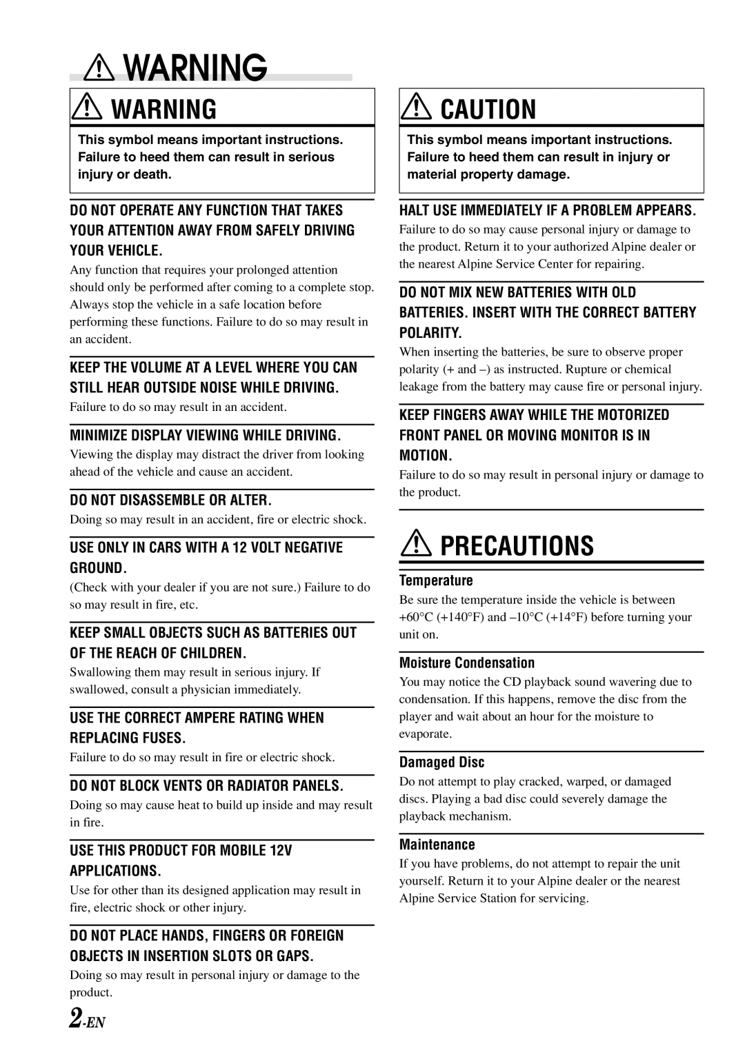 Alpine CDA-7875, CDA-7876, CDA-7977, cda-7873 owner manual Precautions 