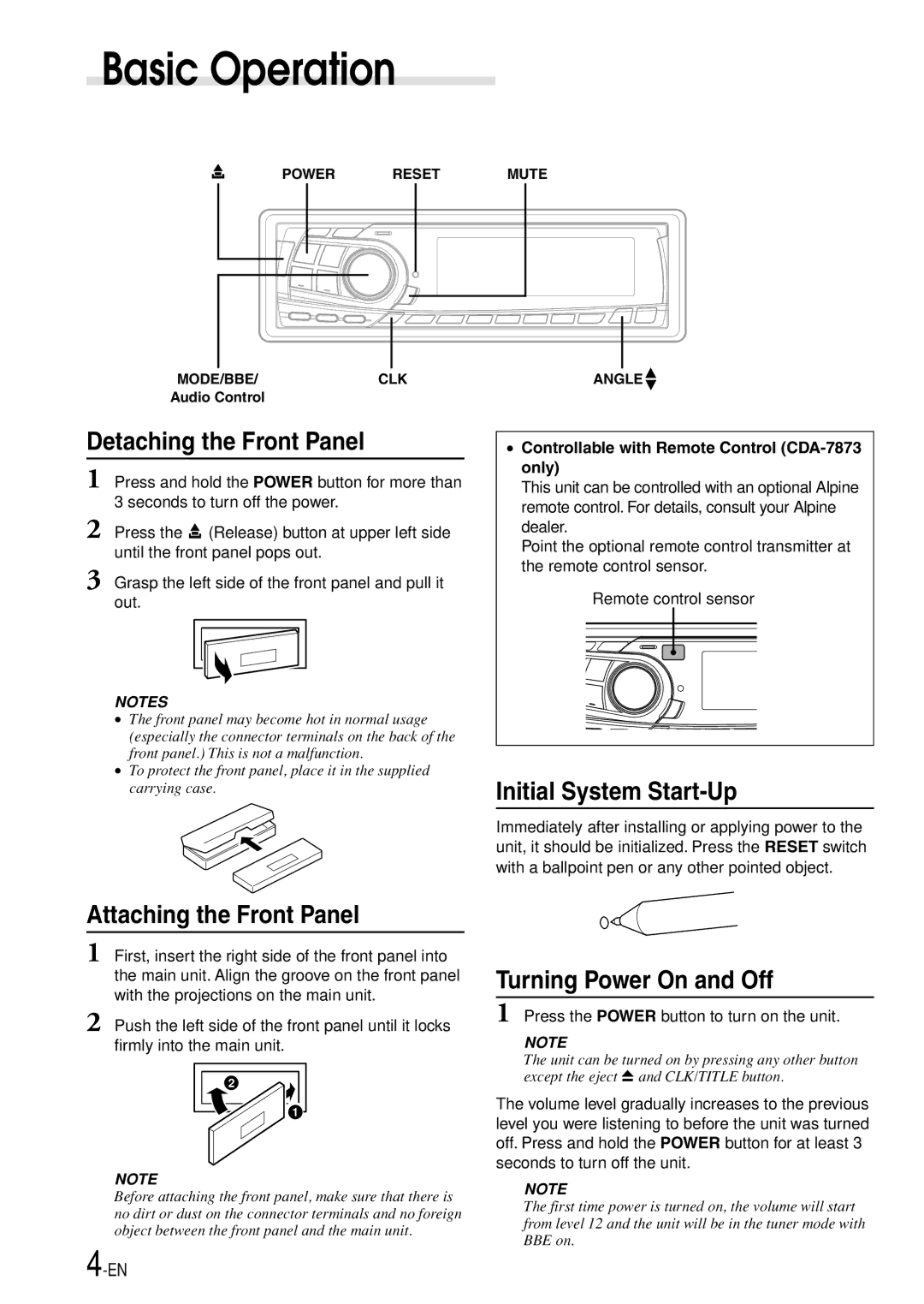 Alpine CDA-7977, CDA-7875 Basic Operation, Detaching the Front Panel, Attaching the Front Panel, Initial System Start-Up 