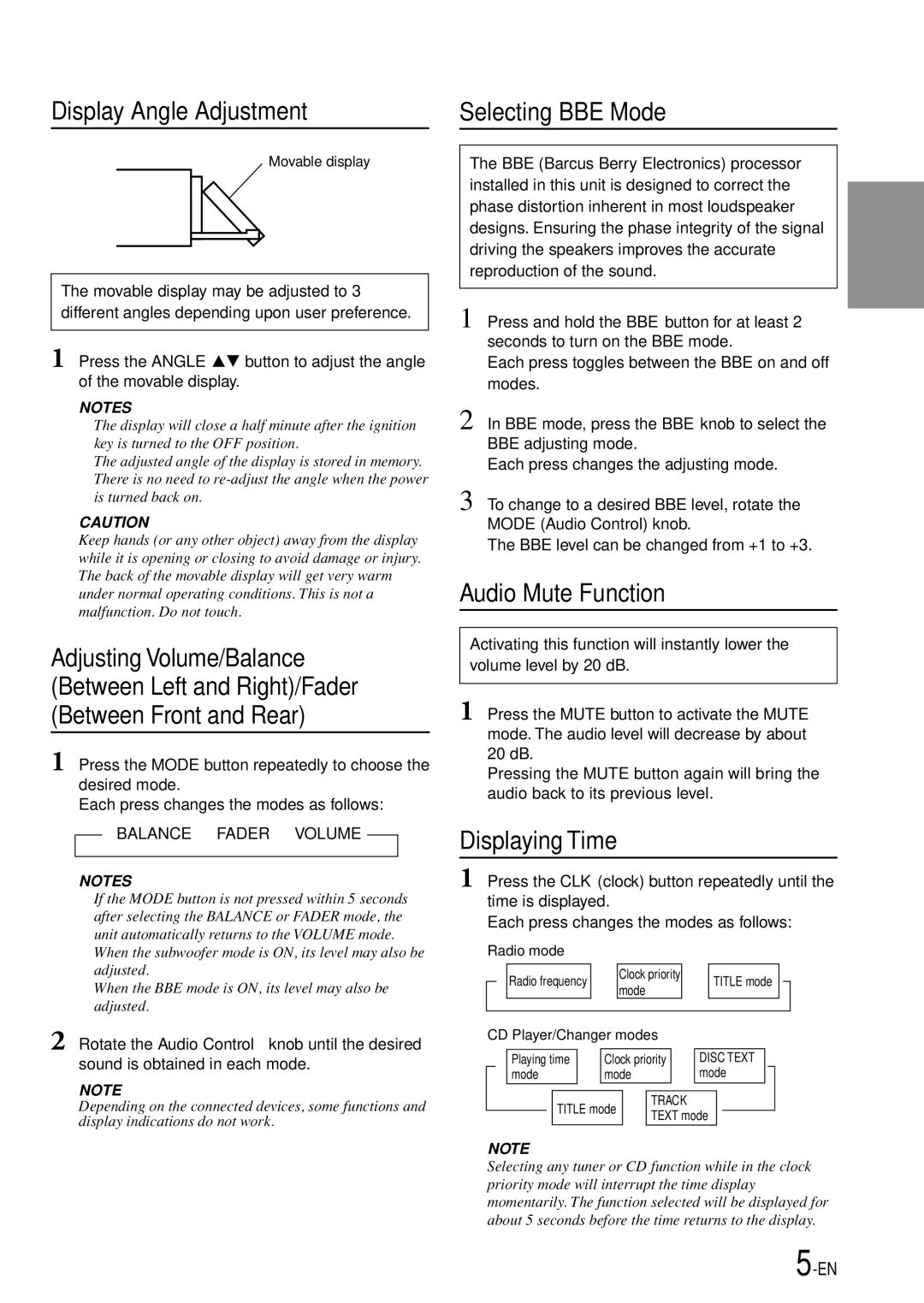 Alpine cda-7873, CDA-7875, CDA-7876 Display Angle Adjustment Selecting BBE Mode, Audio Mute Function, Displaying Time 