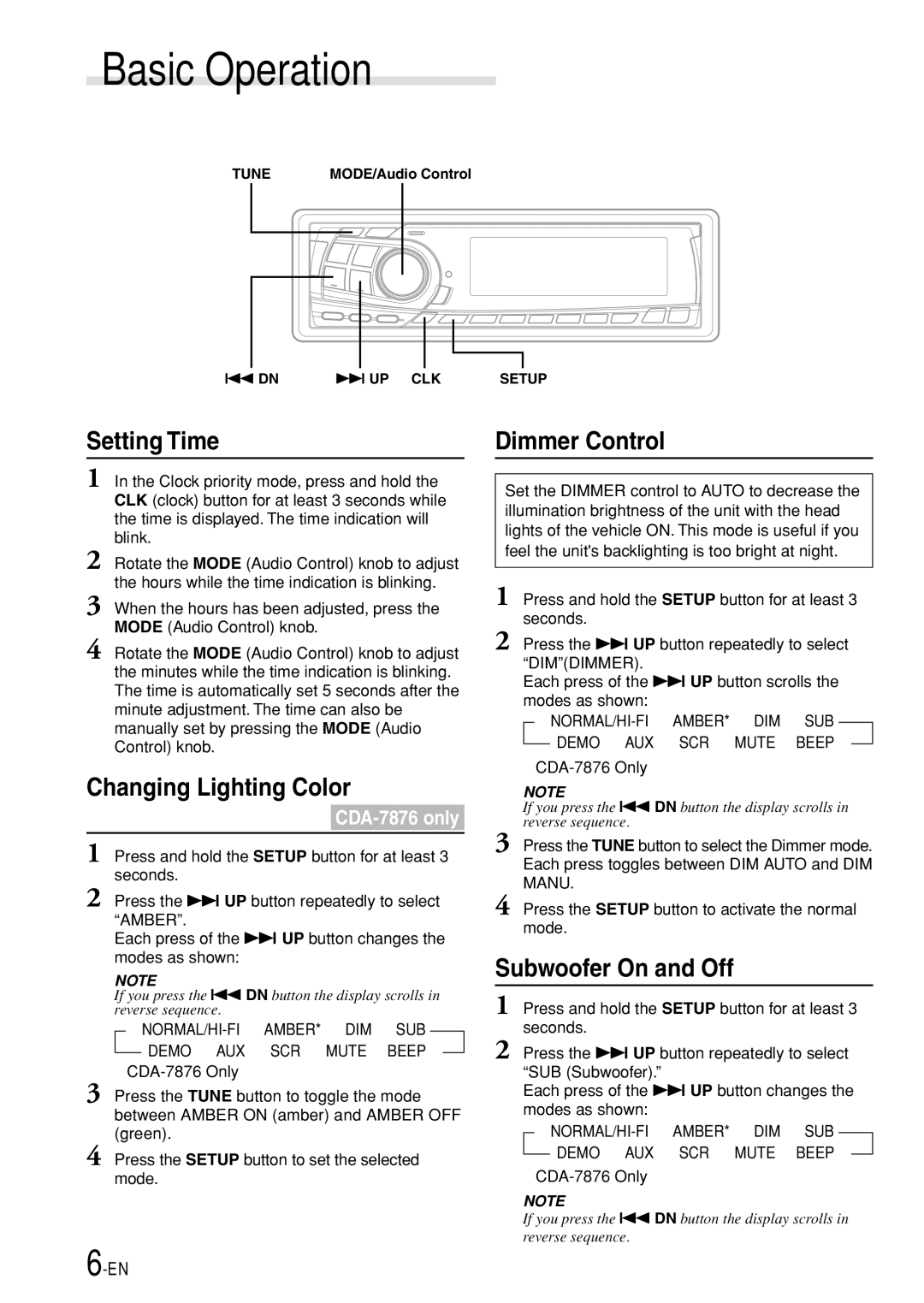 Alpine CDA-7875, CDA-7977 Setting Time Dimmer Control, Changing Lighting Color, Subwoofer On and Off, ∗ CDA-7876 Only 