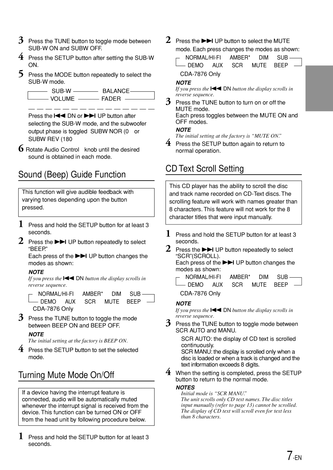 Alpine CDA-7876, CDA-7875, CDA-7977, cda-7873 Sound Beep Guide Function, Turning Mute Mode On/Off, CD Text Scroll Setting 