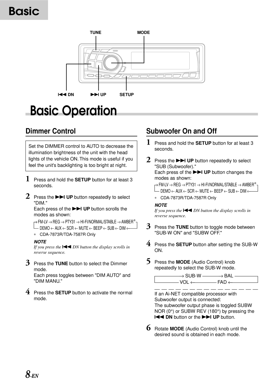 Alpine TDA-7588RB, CDA-7876RB, CDA-7873R, TDA-7587R owner manual Dimmer Control, Subwoofer On and Off, Sub-W Bal 