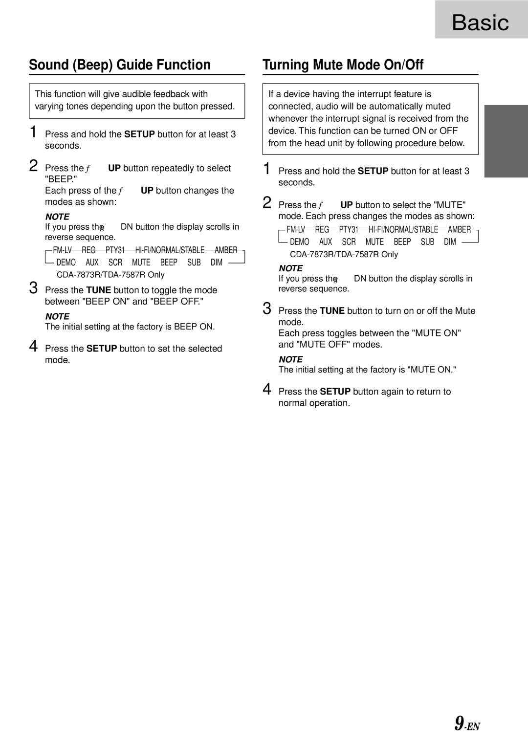 Alpine TDA-7587R, CDA-7876RB, CDA-7873R, TDA-7588RB owner manual Sound Beep Guide Function, Turning Mute Mode On/Off 
