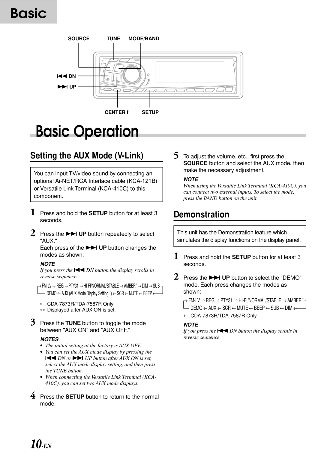 Alpine CDA-7876RB, CDA-7873R, TDA-7588RB, TDA-7587R owner manual Setting the AUX Mode V-Link, Demonstration 