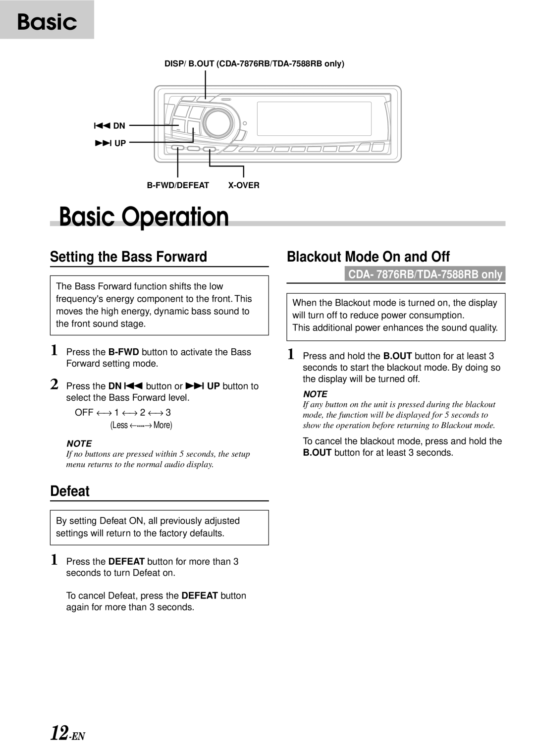 Alpine TDA-7588RB, CDA-7876RB, CDA-7873R, TDA-7587R owner manual Setting the Bass Forward, Blackout Mode On and Off, Defeat 