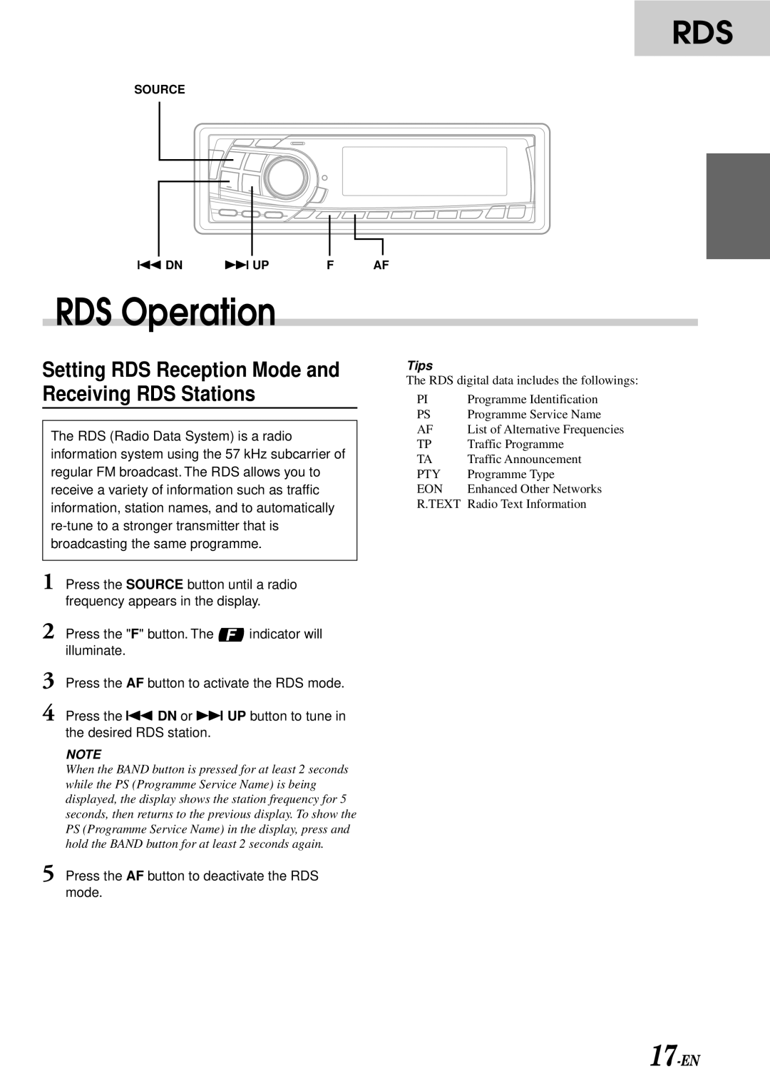 Alpine TDA-7587R, CDA-7876RB, CDA-7873R, TDA-7588RB RDS Operation, Setting RDS Reception Mode and Receiving RDS Stations 