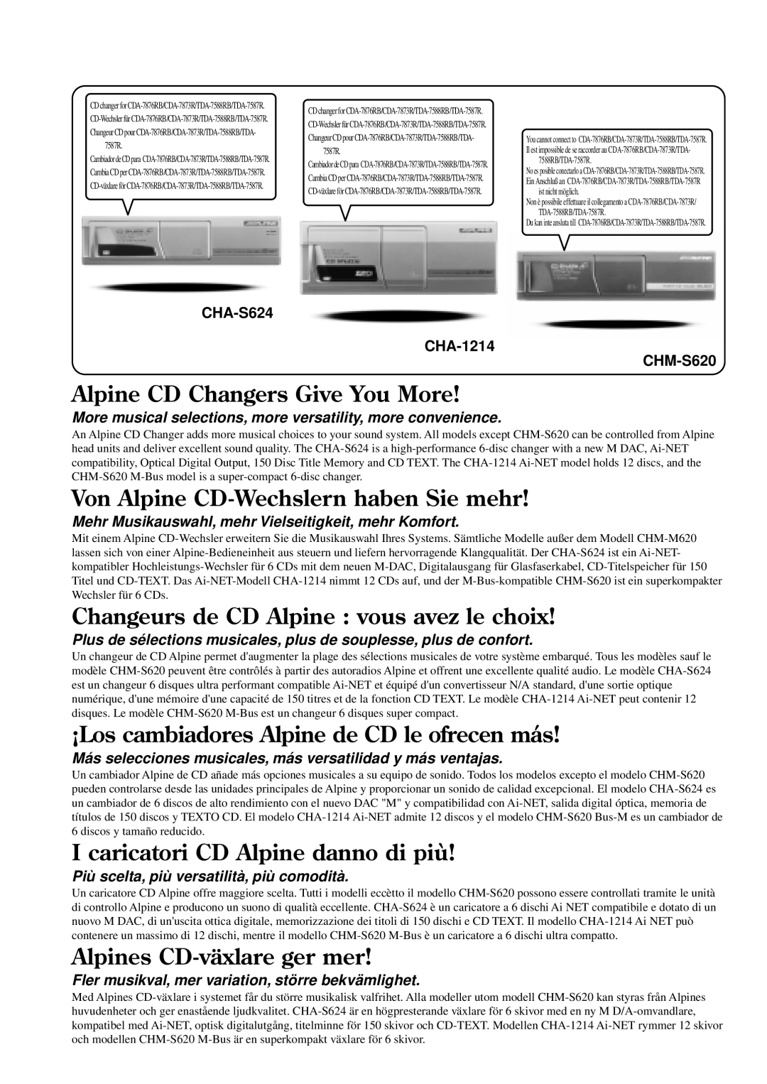 Alpine TDA-7588RB, CDA-7876RB, CDA-7873R, TDA-7587R owner manual Alpine CD Changers Give You More 