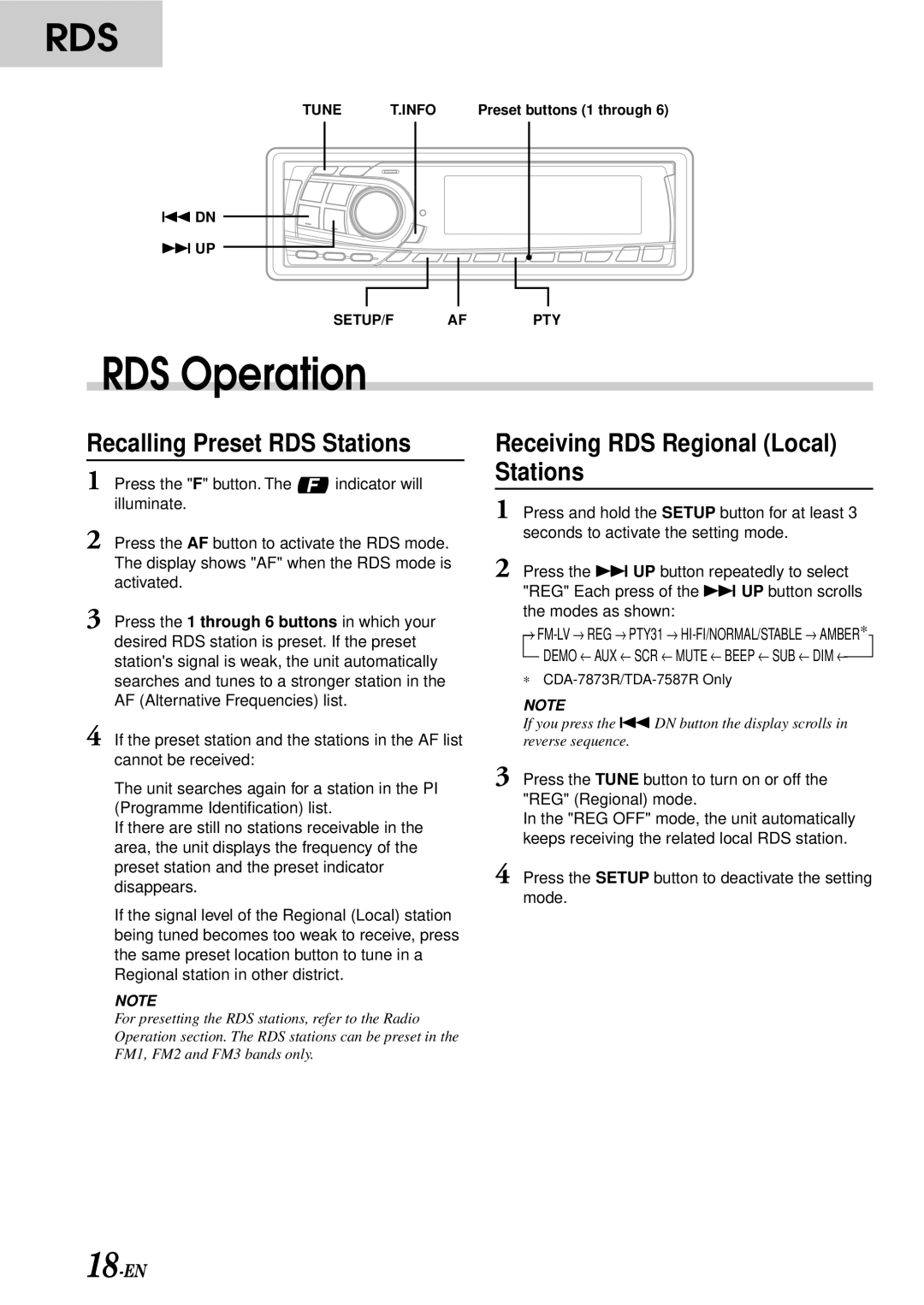 Alpine CDA-7876RB, CDA-7873R, TDA-7588RB, TDA-7587R Recalling Preset RDS Stations, Receiving RDS Regional Local Stations 