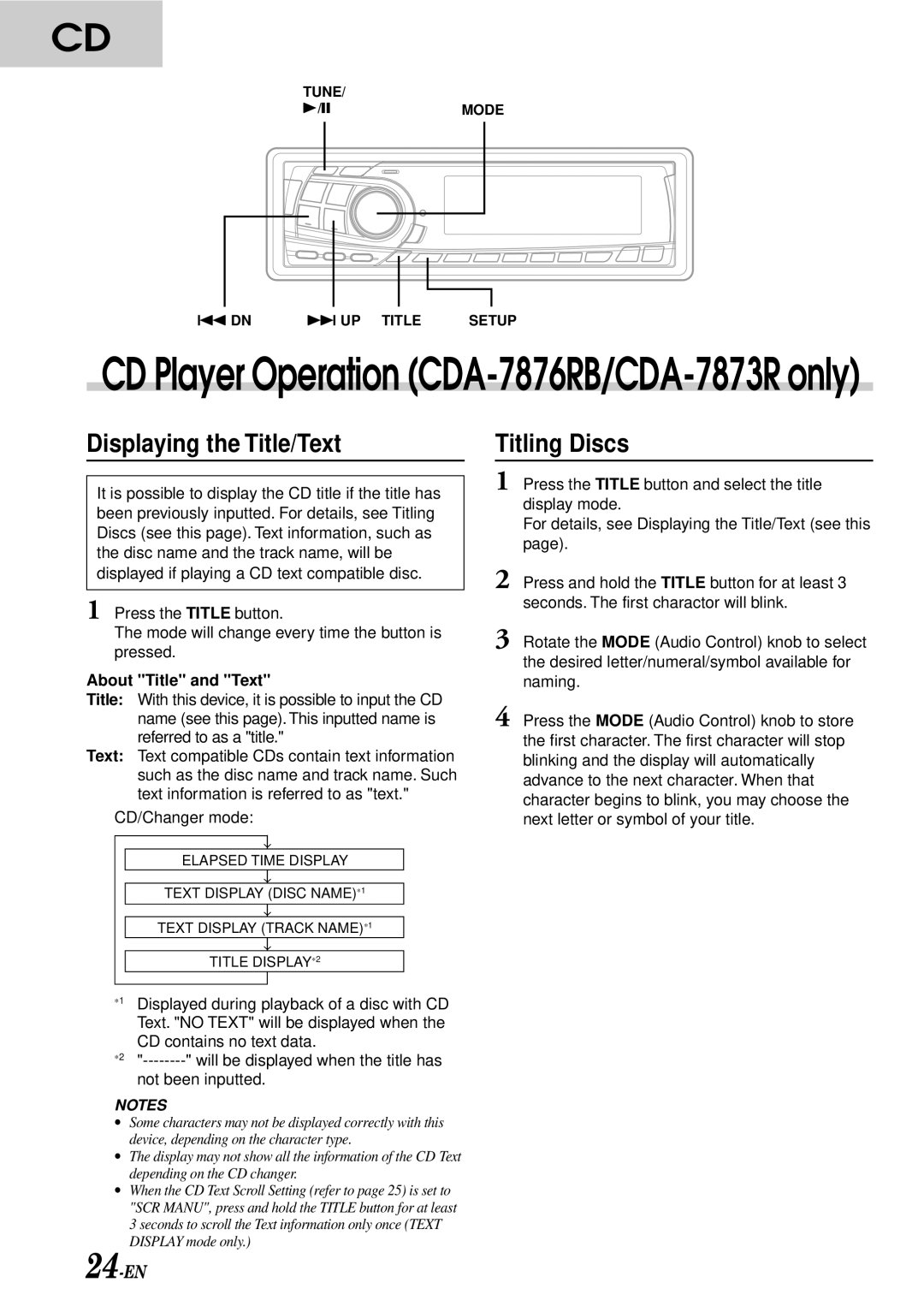 Alpine TDA-7588RB, CDA-7876RB, CDA-7873R, TDA-7587R owner manual Displaying the Title/Text Titling Discs, About Title and Text 