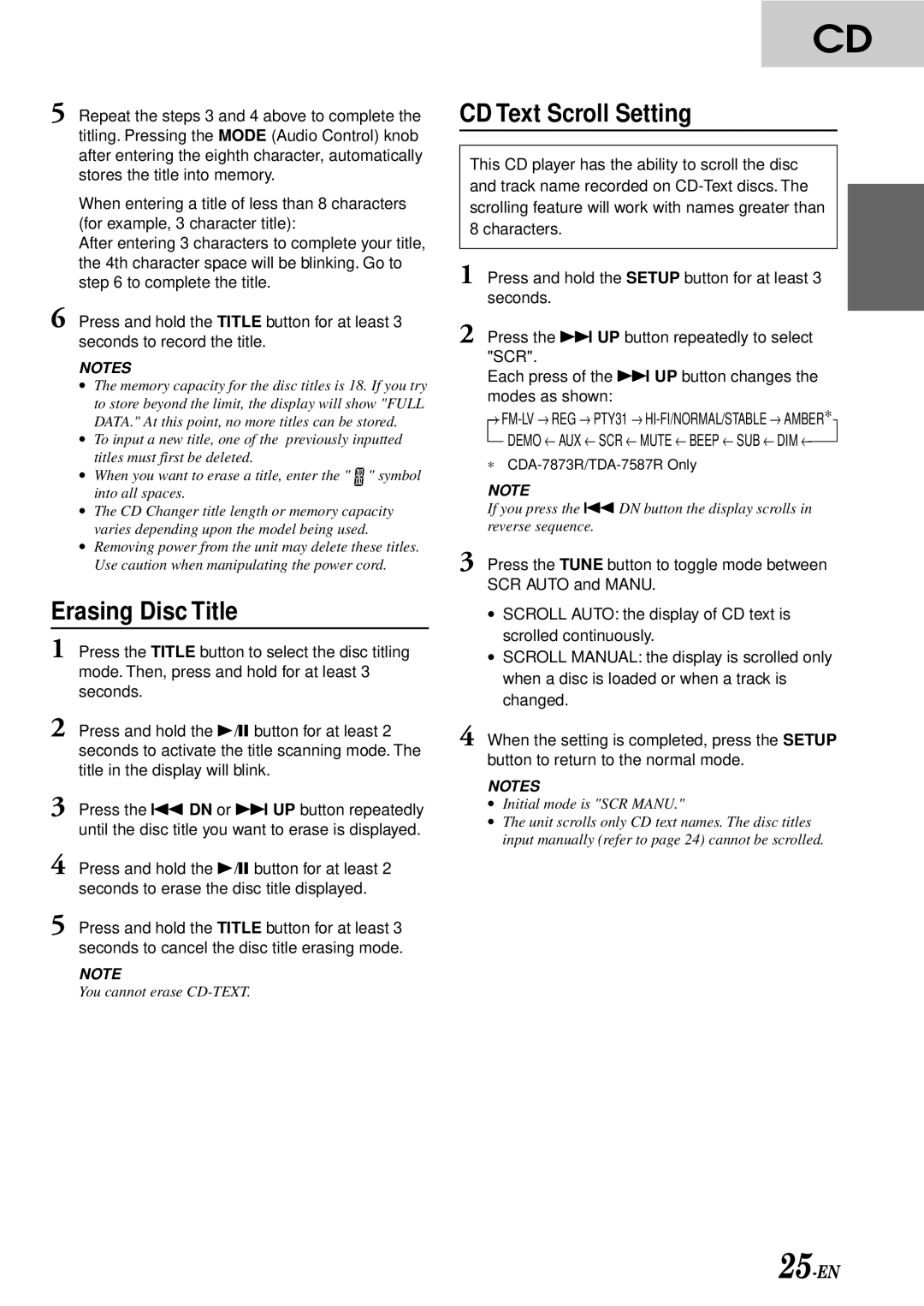 Alpine TDA-7587R, CDA-7876RB, CDA-7873R, TDA-7588RB owner manual Erasing Disc Title, CD Text Scroll Setting 
