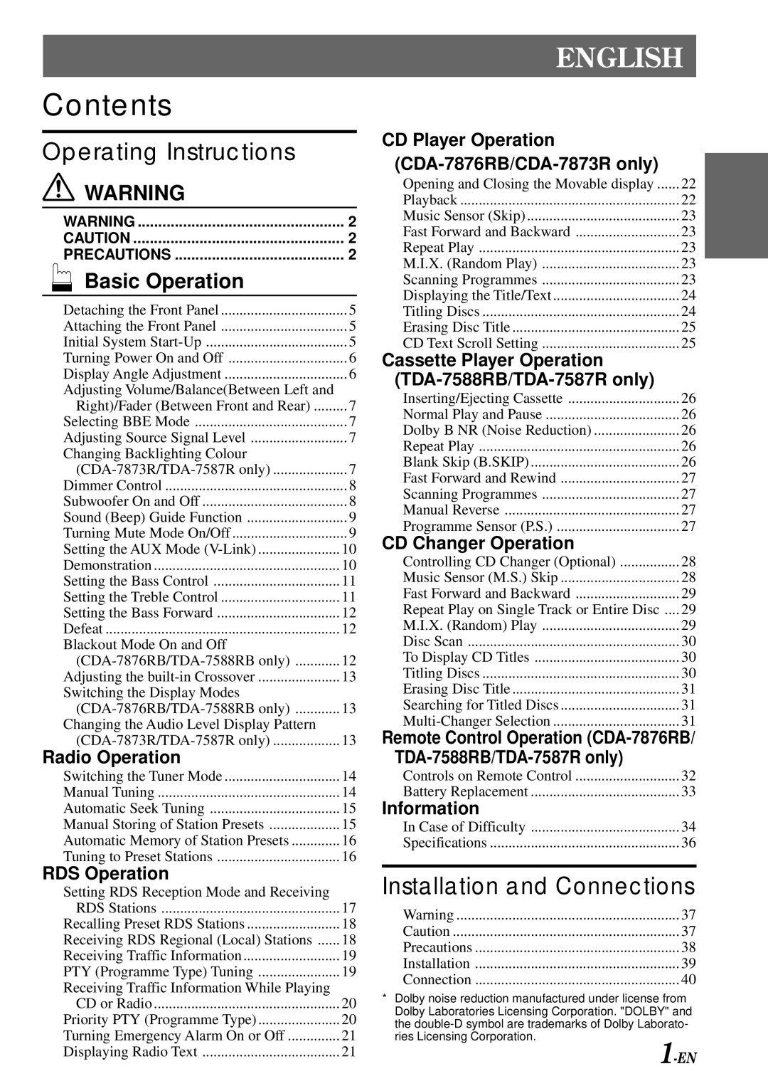 Alpine TDA-7587R, CDA-7876RB, CDA-7873R, TDA-7588RB owner manual Contents 