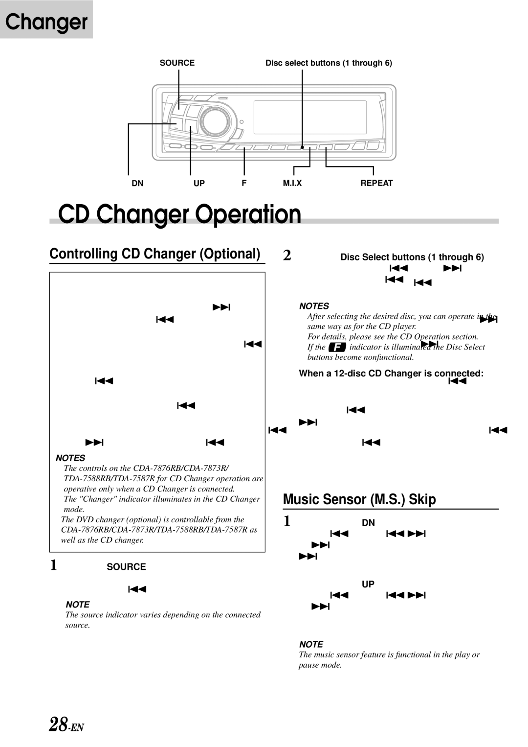 Alpine TDA-7588RB, CDA-7876RB CD Changer Operation, Music Sensor M.S. Skip, When a 12-disc CD Changer is connected 