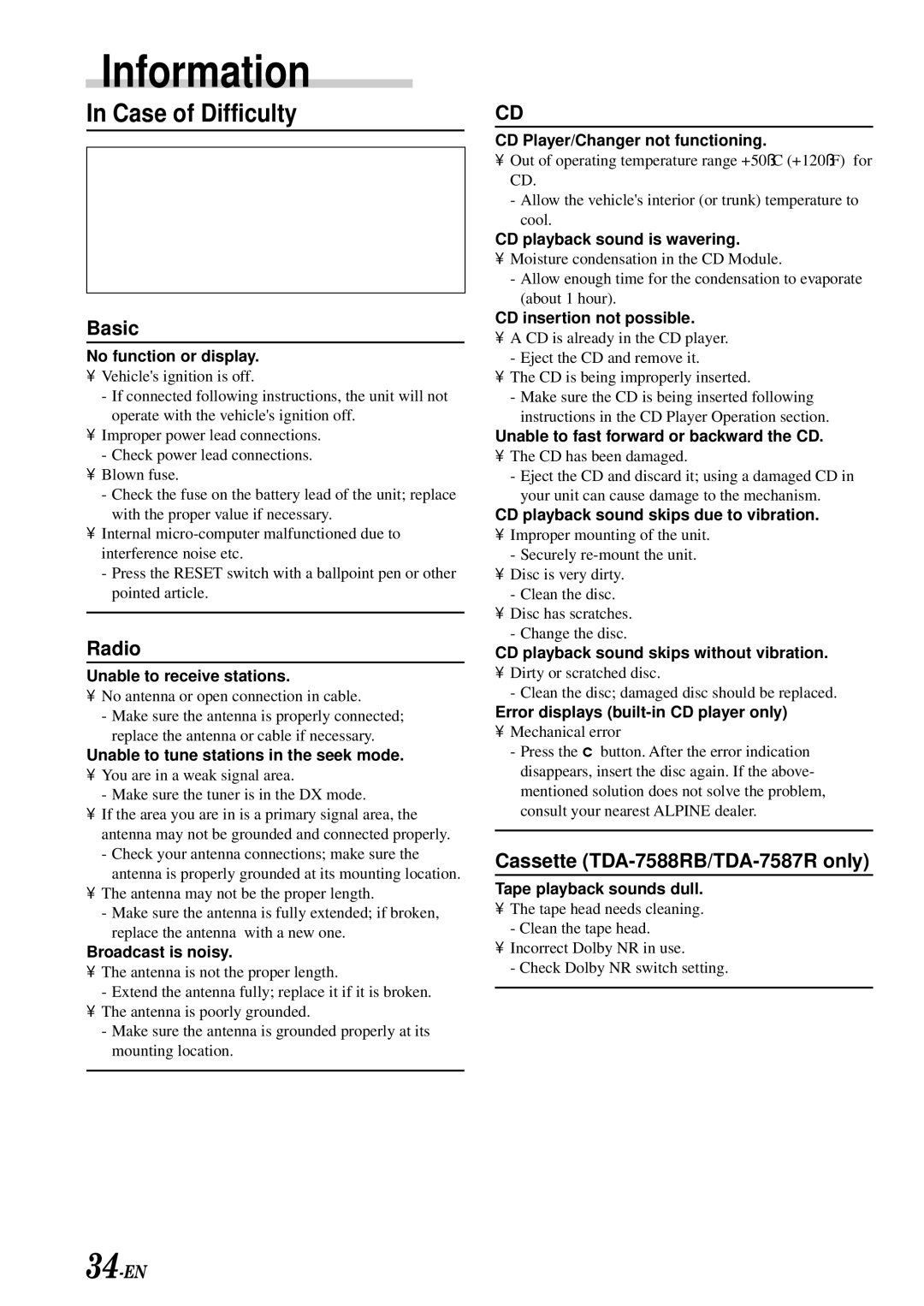 Alpine CDA-7876RB, CDA-7873R, TDA-7588RB, TDA-7587R owner manual Information, Case of Difficulty 
