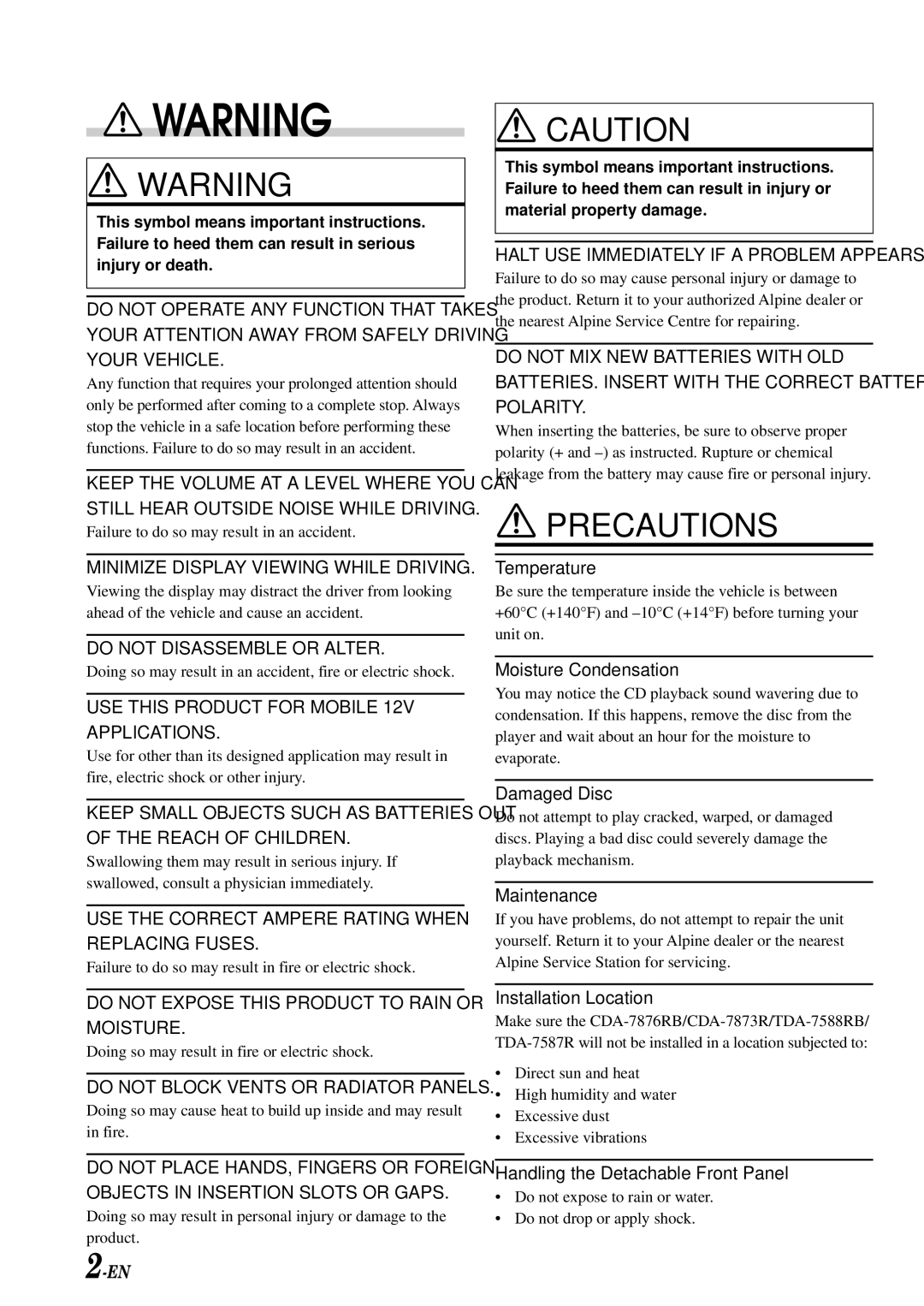 Alpine CDA-7876RB, CDA-7873R, TDA-7588RB, TDA-7587R owner manual Precautions 