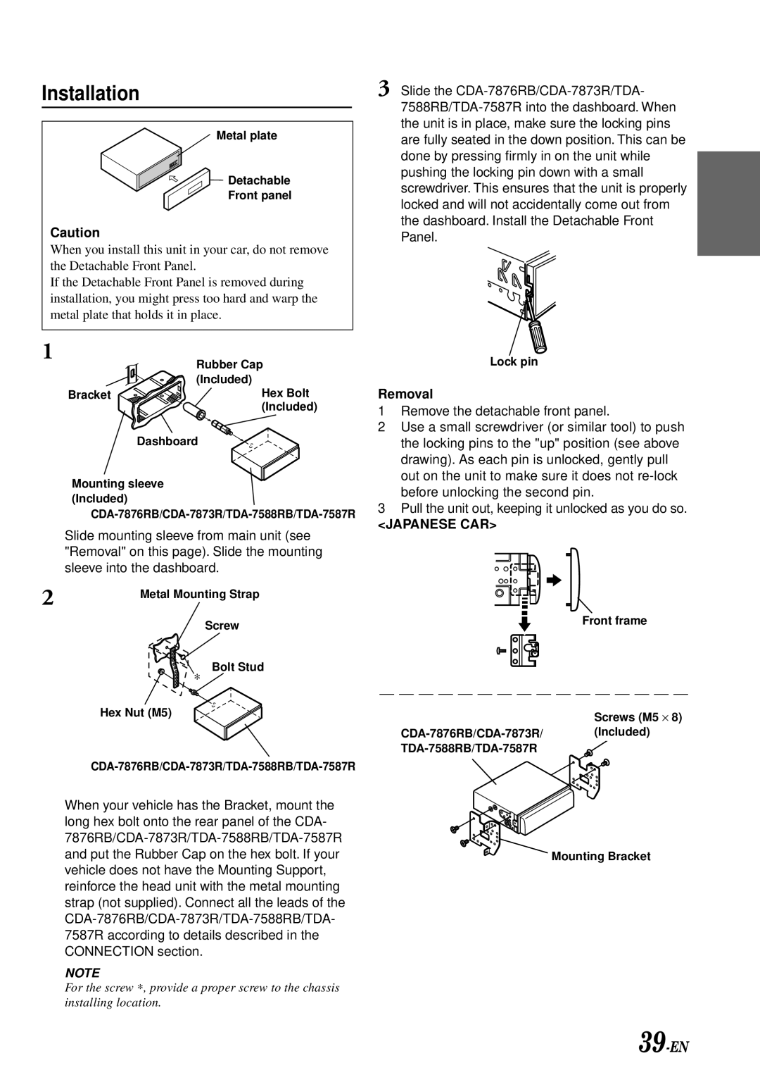 Alpine CDA-7873R, CDA-7876RB, TDA-7588RB, TDA-7587R owner manual Installation, Removal 