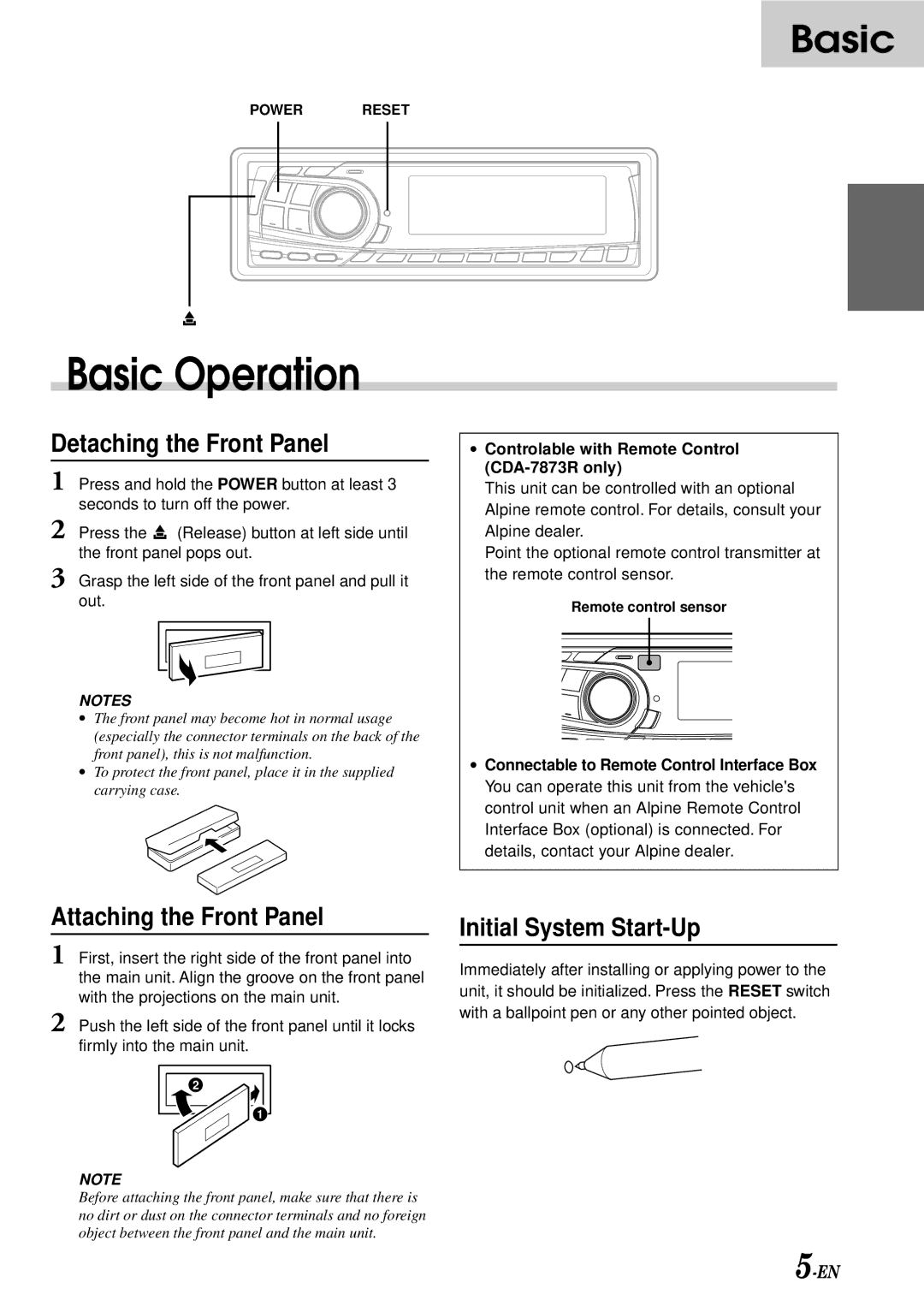 Alpine TDA-7587R, CDA-7873R Basic Operation, Detaching the Front Panel, Attaching the Front Panel, Initial System Start-Up 