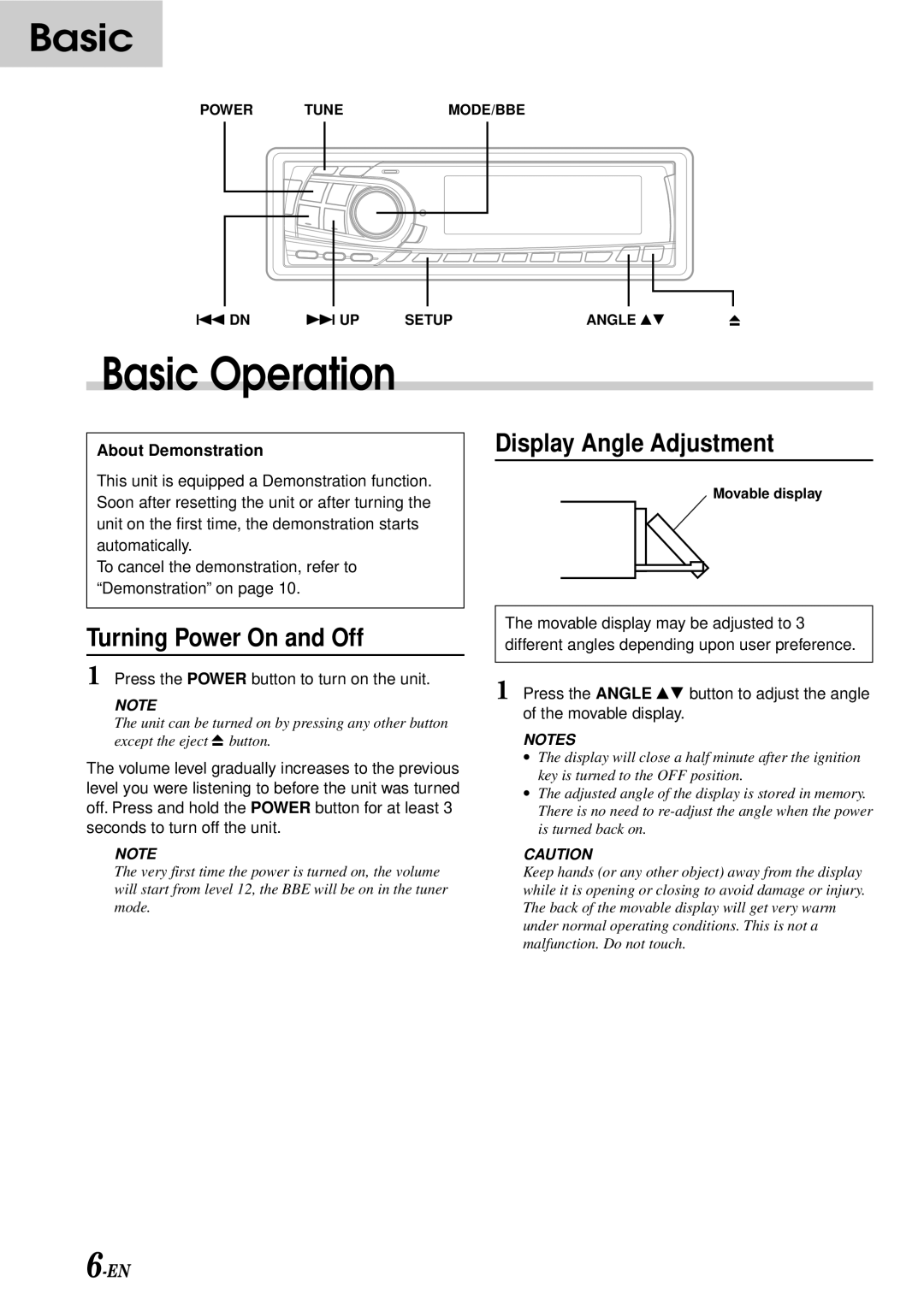 Alpine CDA-7876RB, CDA-7873R, TDA-7588RB, TDA-7587R Turning Power On and Off, Display Angle Adjustment, About Demonstration 