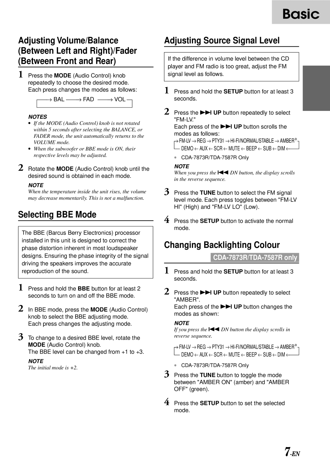Alpine CDA-7873R, CDA-7876RB Selecting BBE Mode, Adjusting Source Signal Level, Changing Backlighting Colour, Bal Fad Vol 