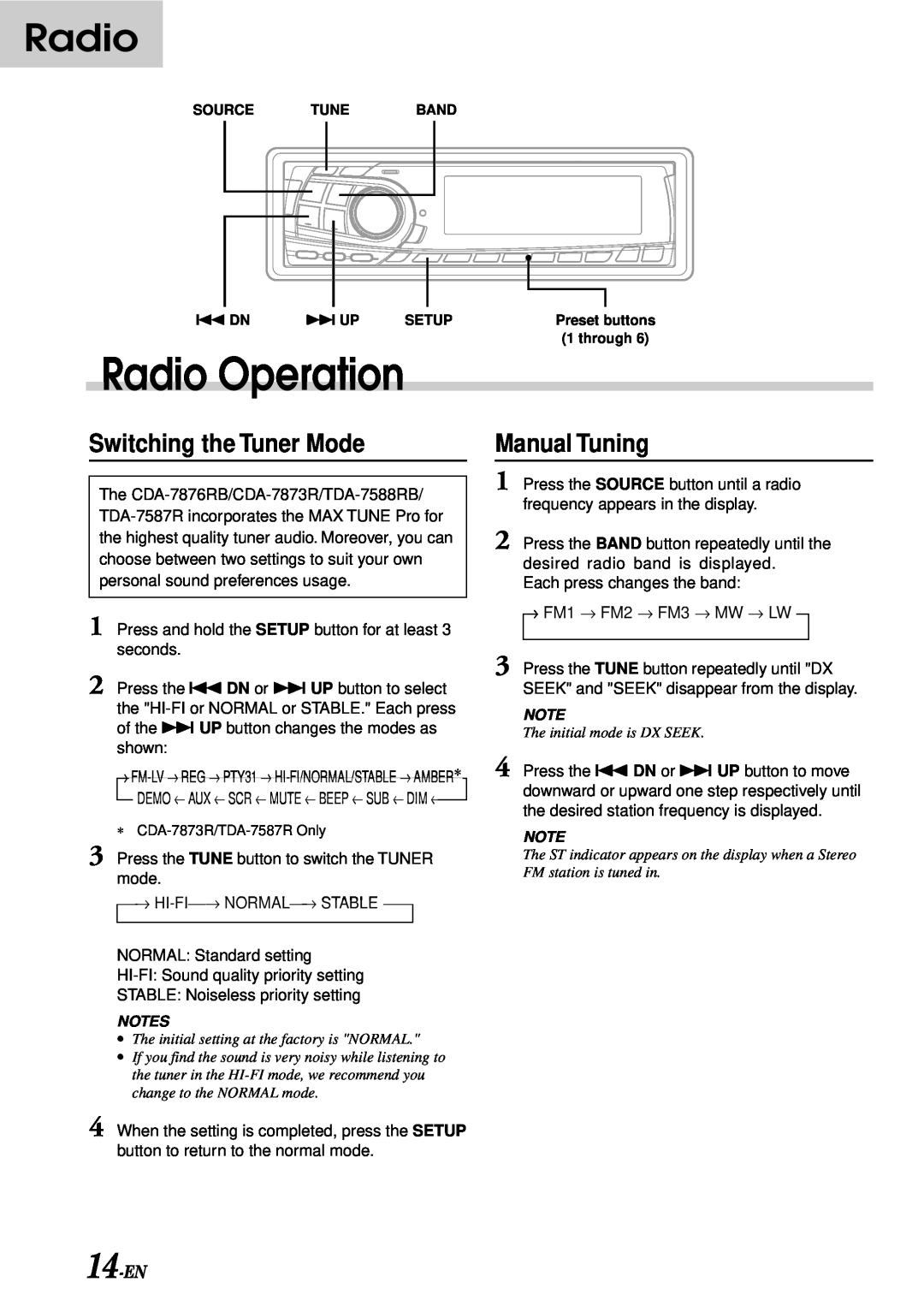 Alpine CDA-7876RB, CDA-7873R, TDA-7588RB, TDA-7587R Radio Operation, Switching the Tuner Mode, Manual Tuning, 14-EN 
