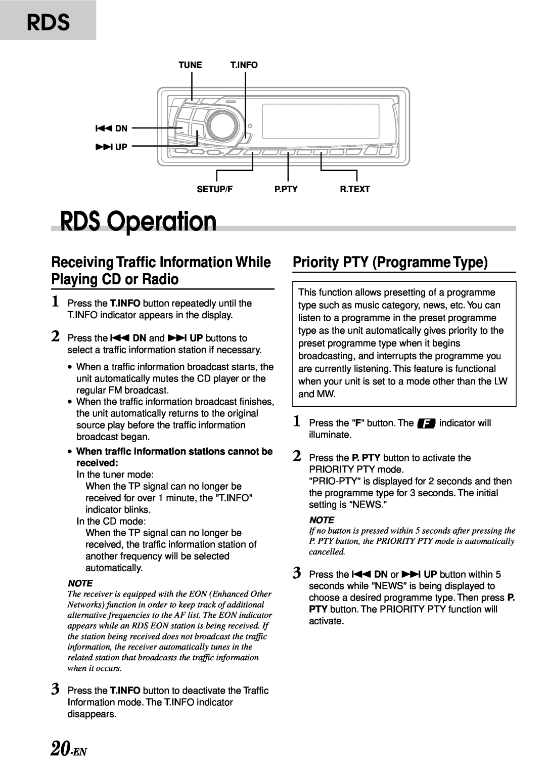 Alpine TDA-7588RB, CDA-7876RB, CDA-7873R, TDA-7587R owner manual Priority PTY Programme Type, 20-EN, RDS Operation 
