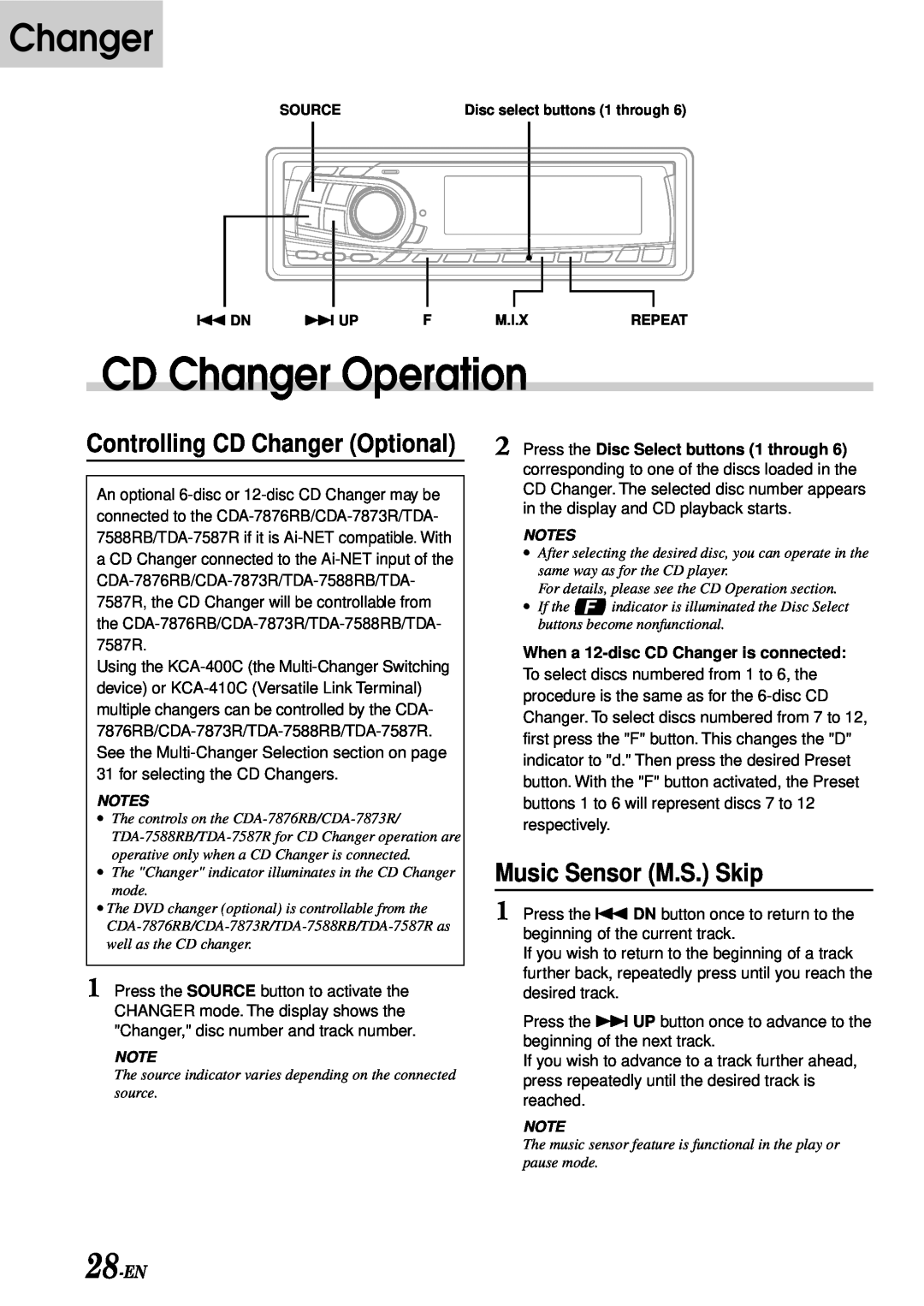 Alpine TDA-7588RB, CDA-7876RB CD Changer Operation, Music Sensor M.S. Skip, 28-EN, Controlling CD Changer Optional 