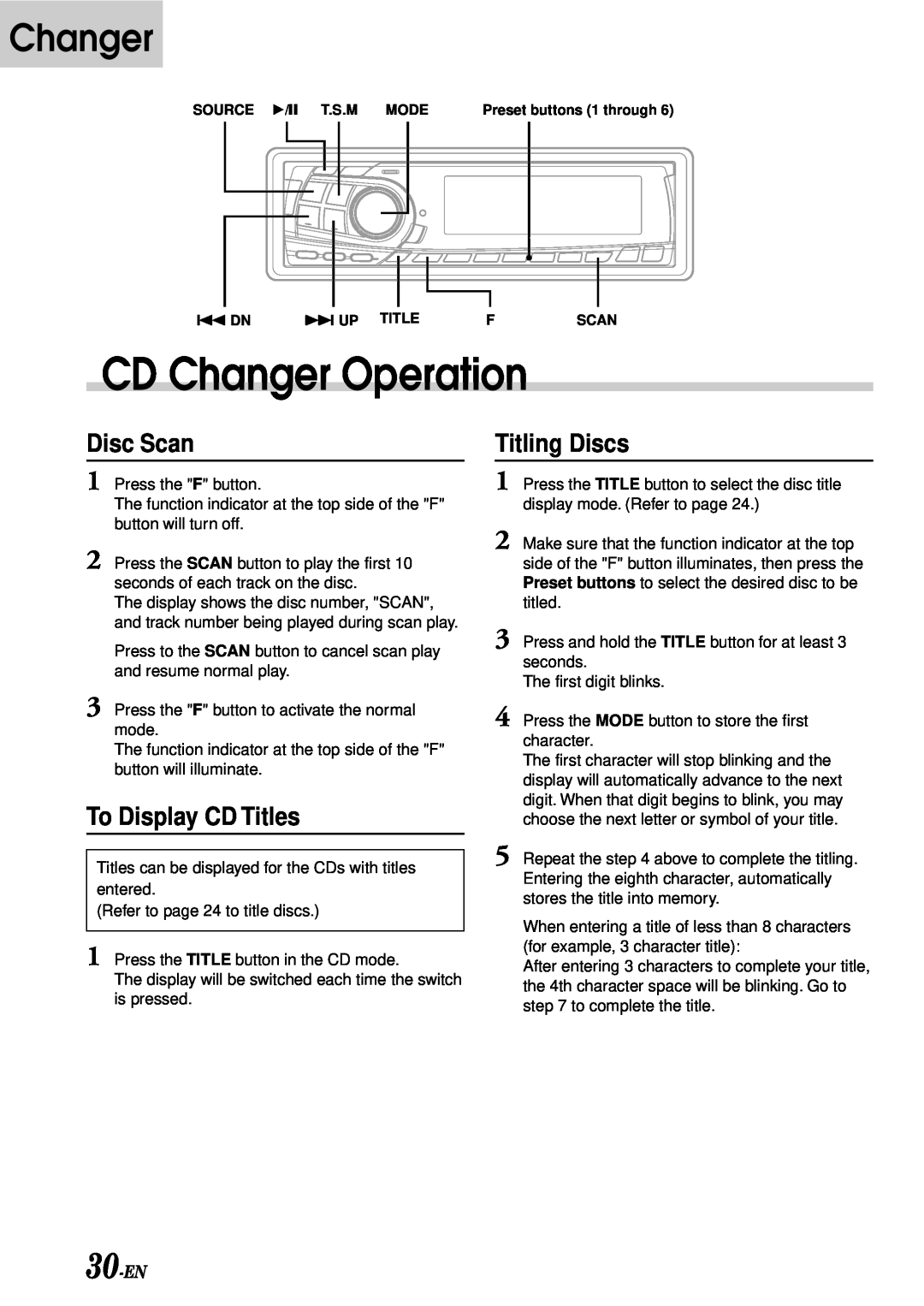 Alpine CDA-7876RB, CDA-7873R, TDA-7588RB Disc Scan, To Display CD Titles, 30-EN, CD Changer Operation, Titling Discs 