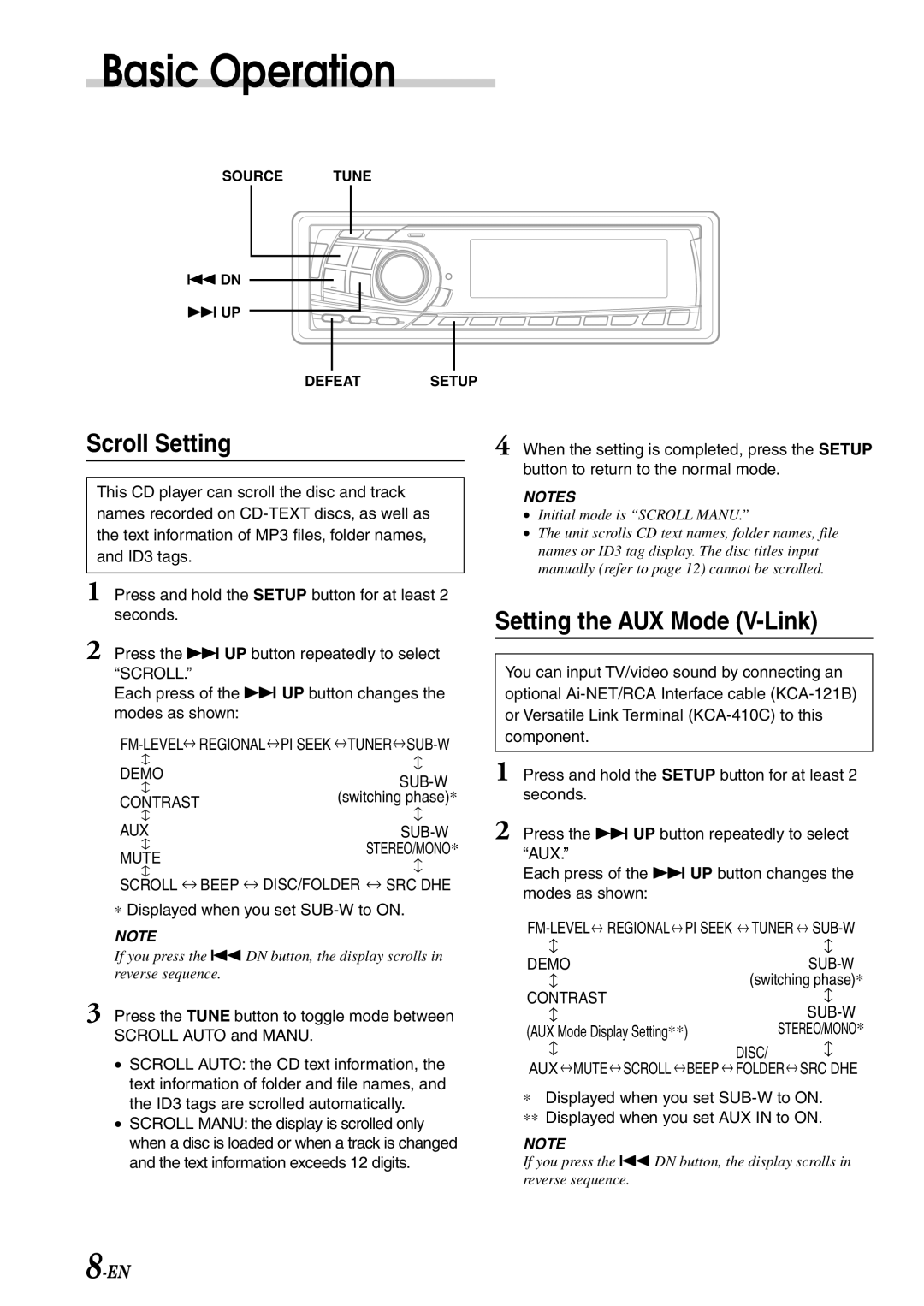 Alpine CDA-7878R owner manual Scroll Setting, Setting the AUX Mode V-Link, Contrast SUB-W 