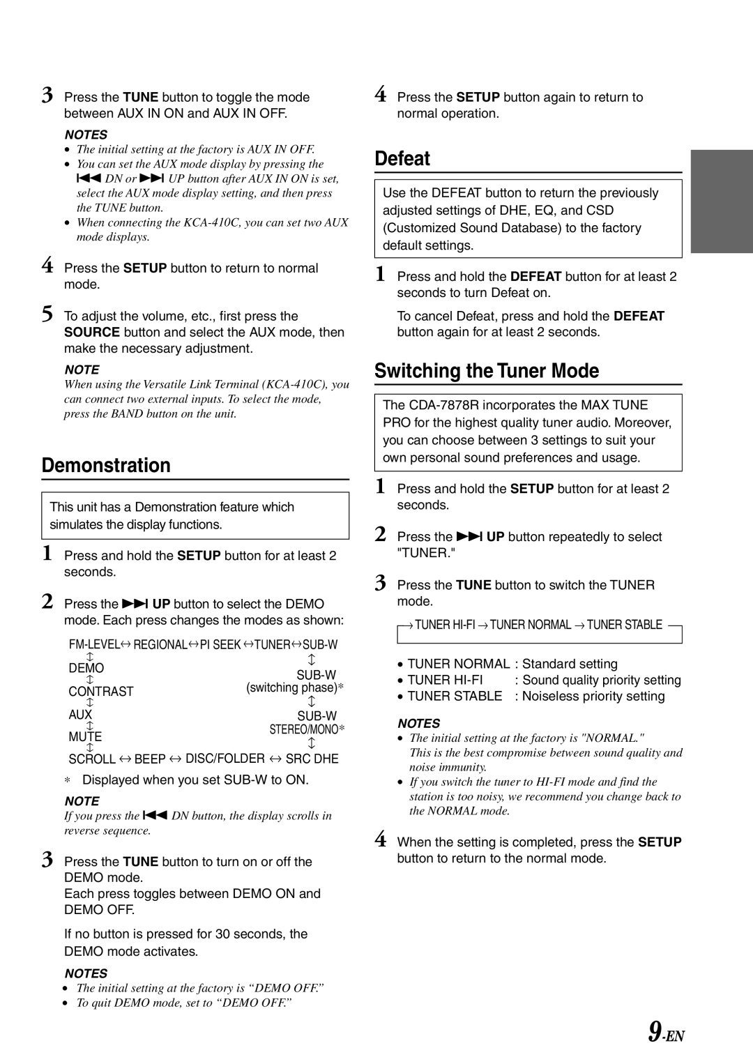 Alpine CDA-7878R owner manual Demonstration, Defeat, Switching the Tuner Mode 